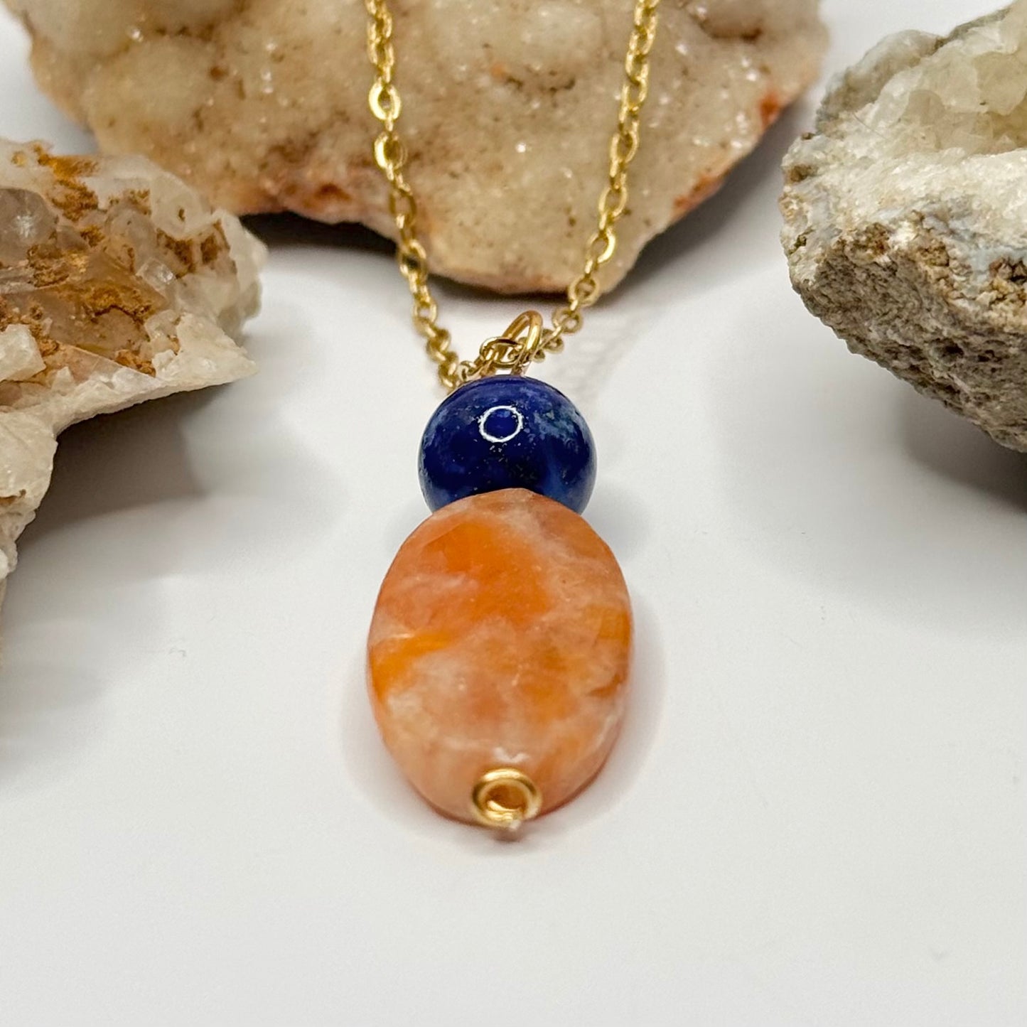 Gold Lapis and Orange Calcite Necklace