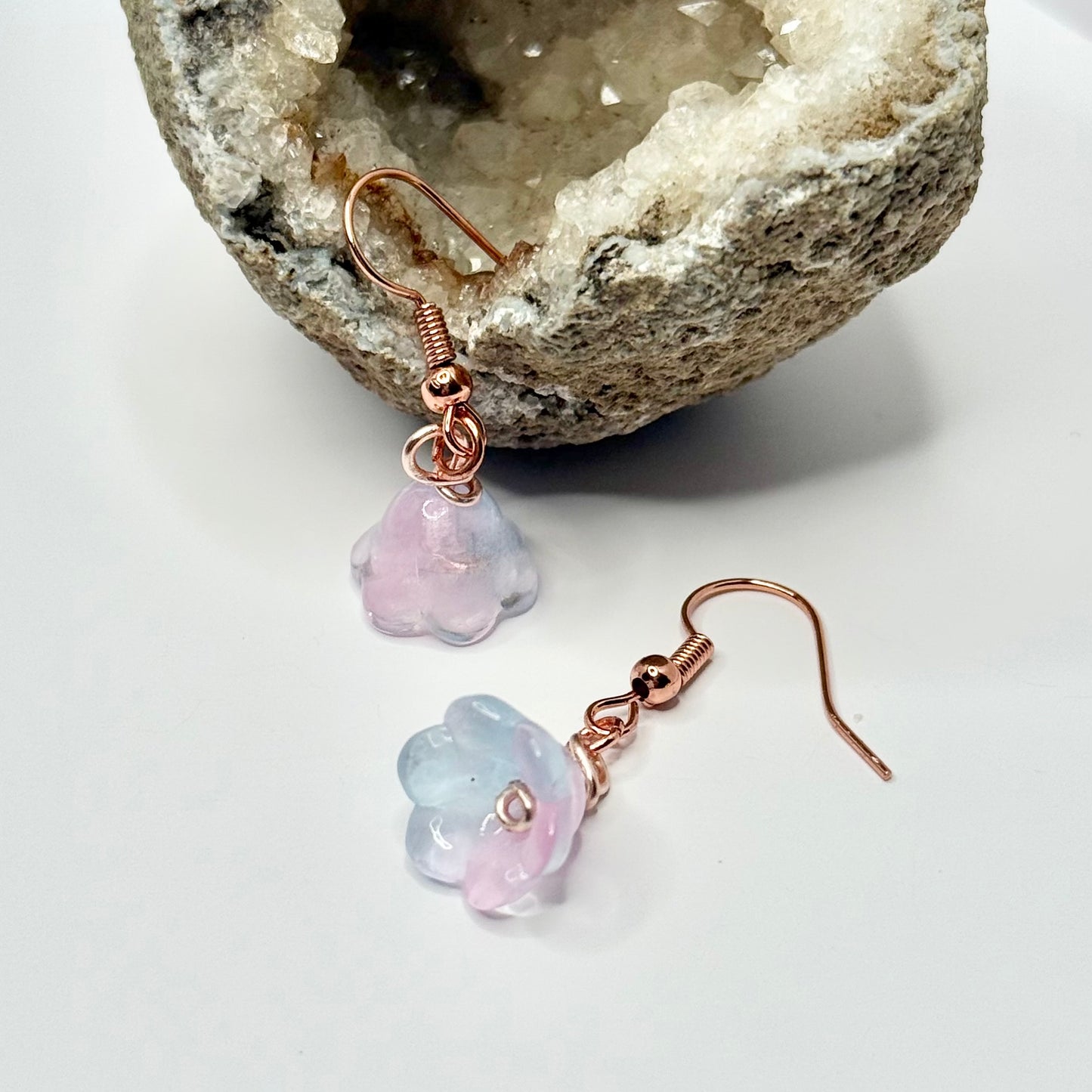 Rose Gold Blue and Pink Flower Earrings