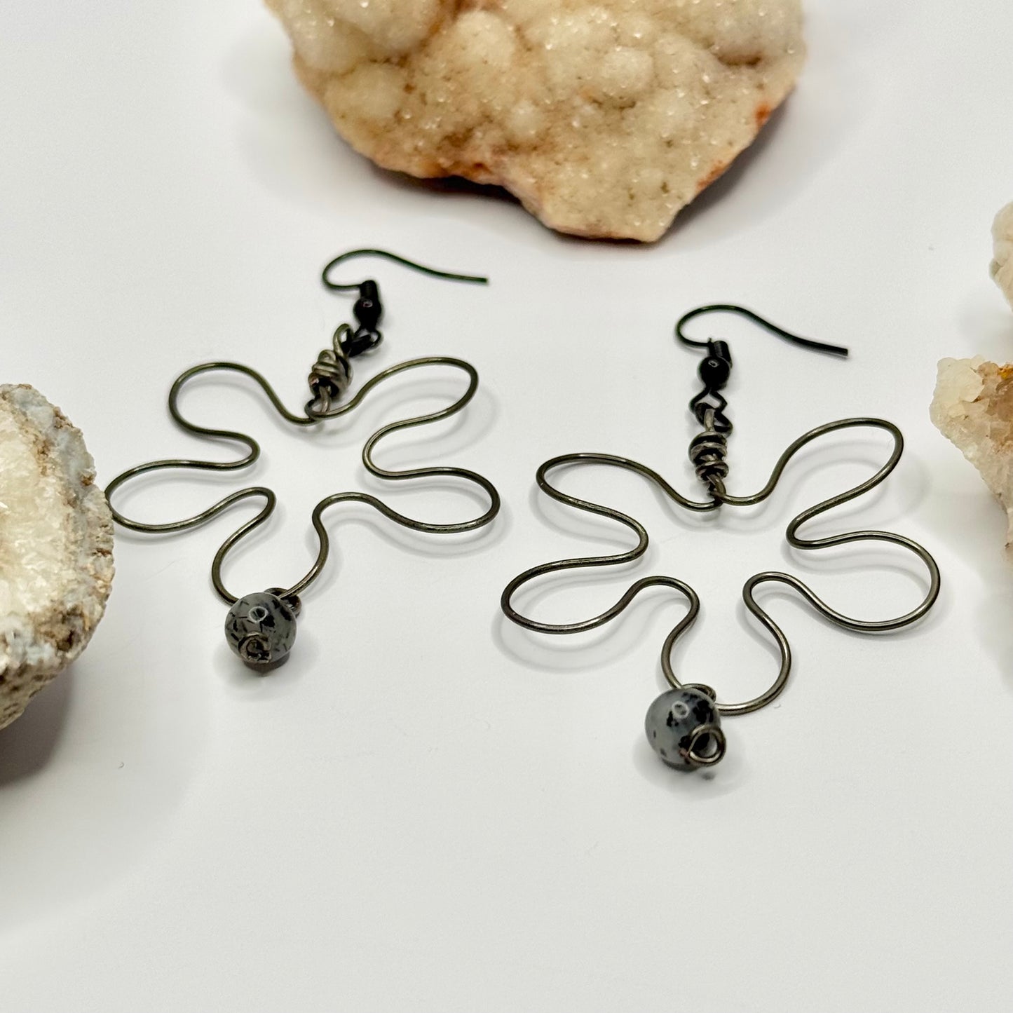 Charcoal Dendritic Agate Flower Earrings