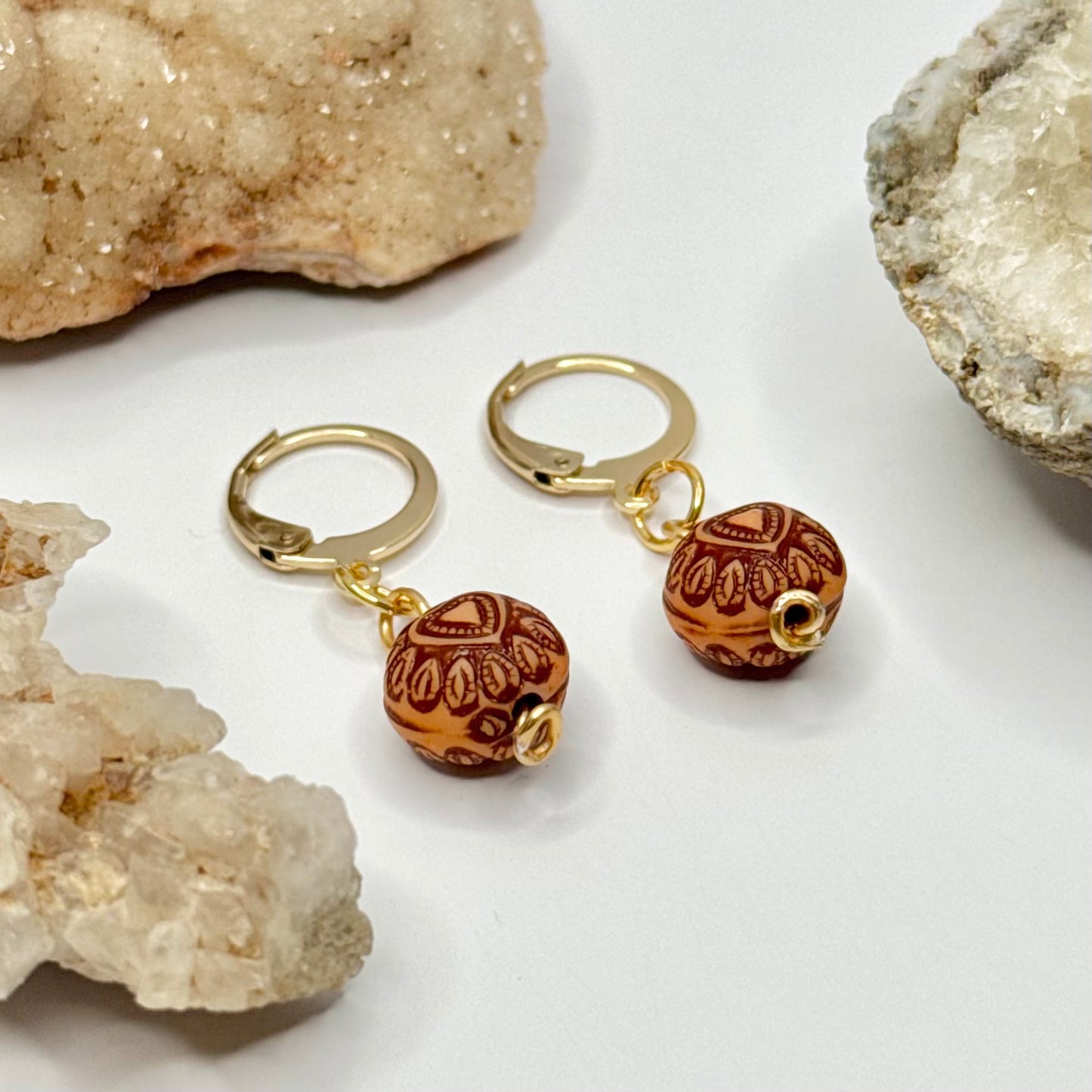 Gold Plated Wooden Bead Huggie Earrings
