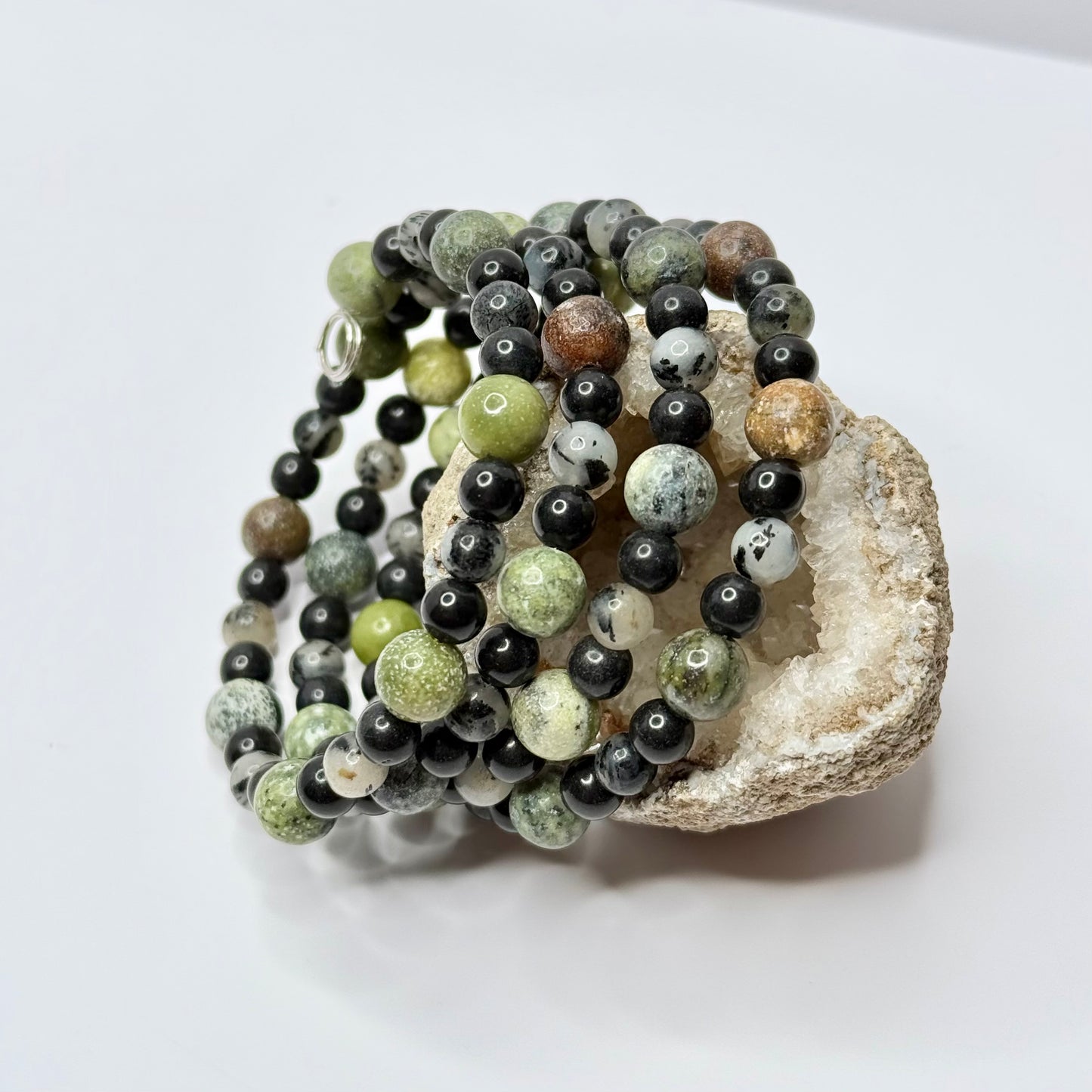 Dendritic Agate, Hematite, and Serpentine Wrap Bracelet