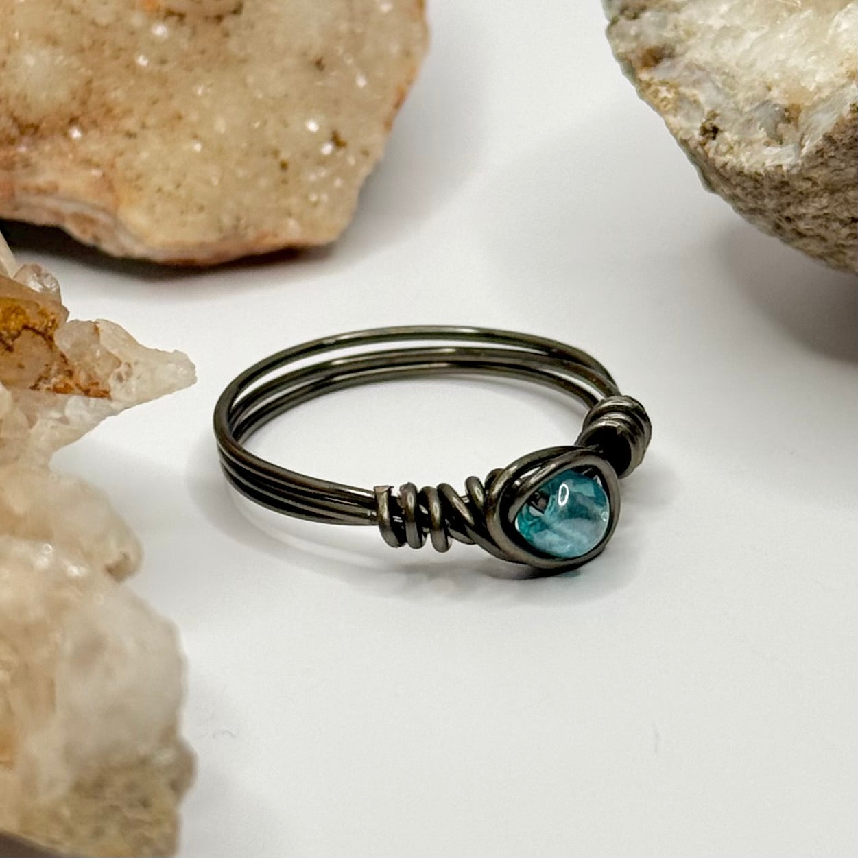Charcoal Light Blue Beaded Ring
