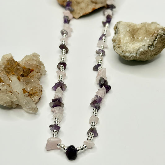 Silver Beaded Amethyst and Rose Quartz Necklace