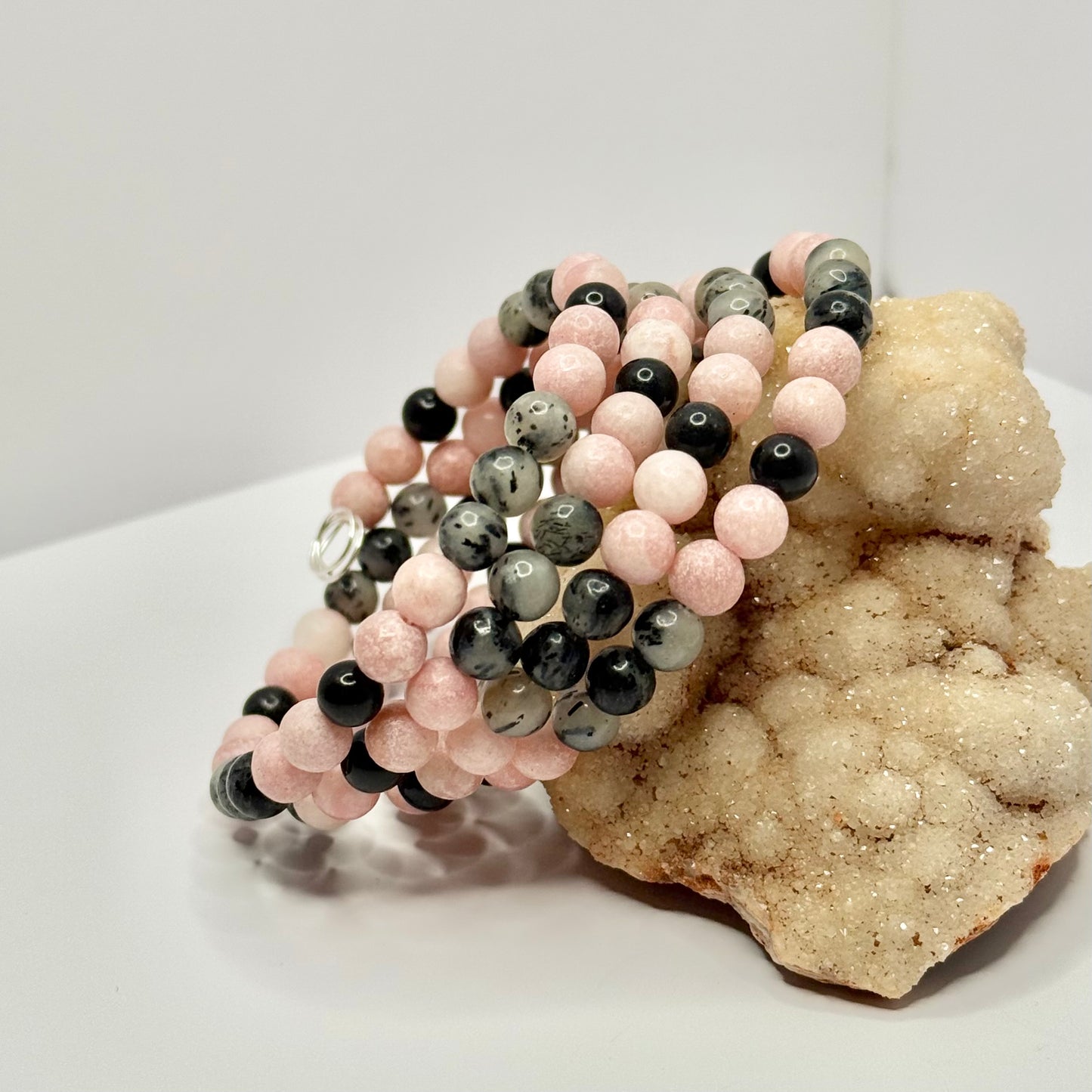 Pink Opal, Dendritic Agate, and Hematite Wrap Bracelet