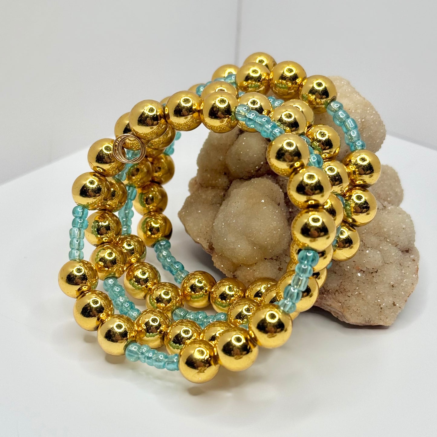 Gold and Blue Beaded Wrap Bracelet