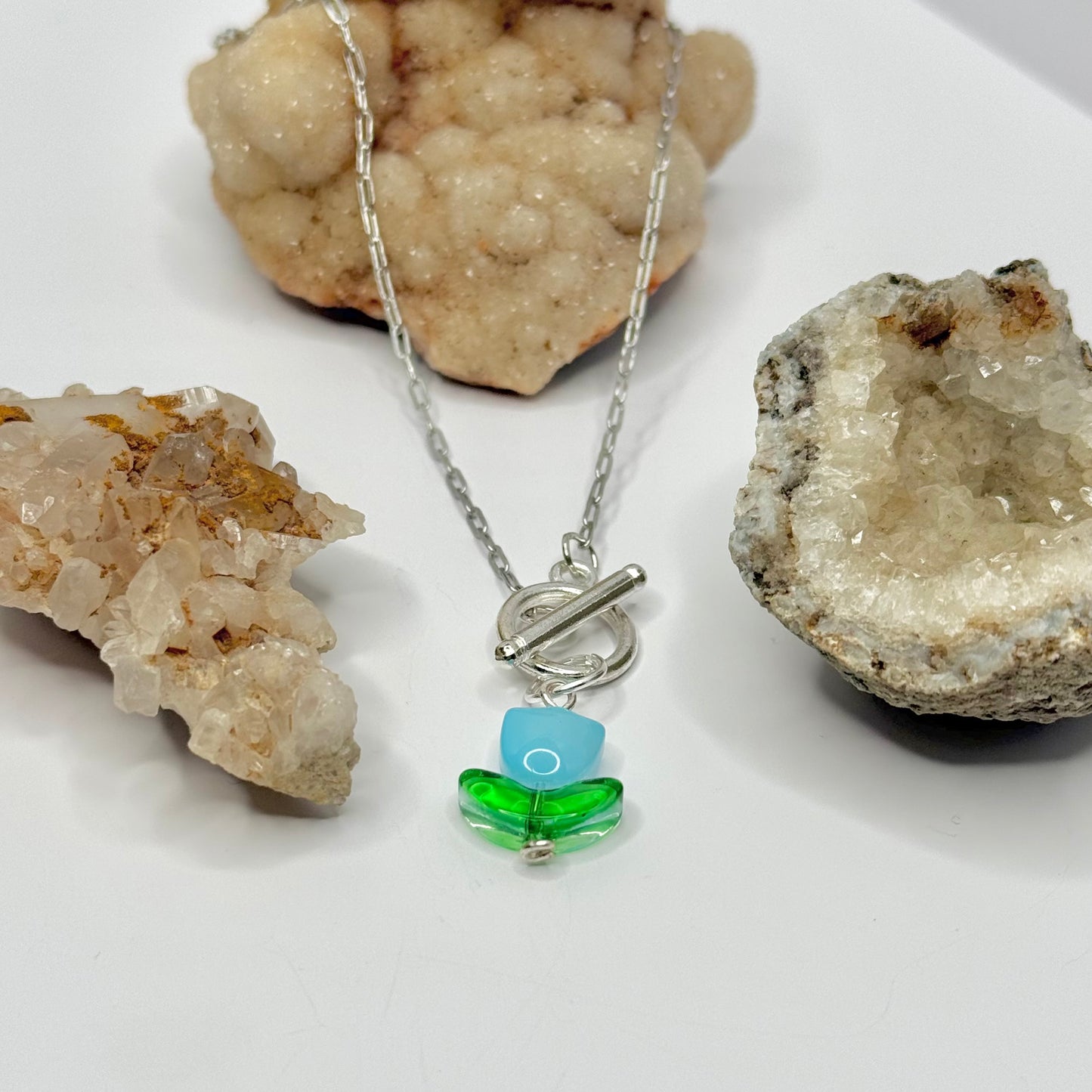 Silver Light Blue Tulip Toggle Necklace