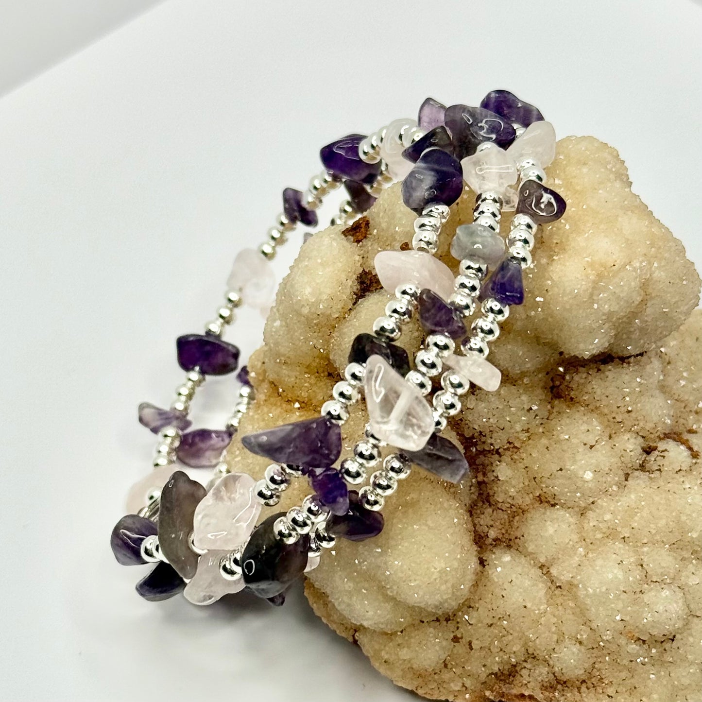 Silver Amethyst and Rose Quartz Wrap Bracelet
