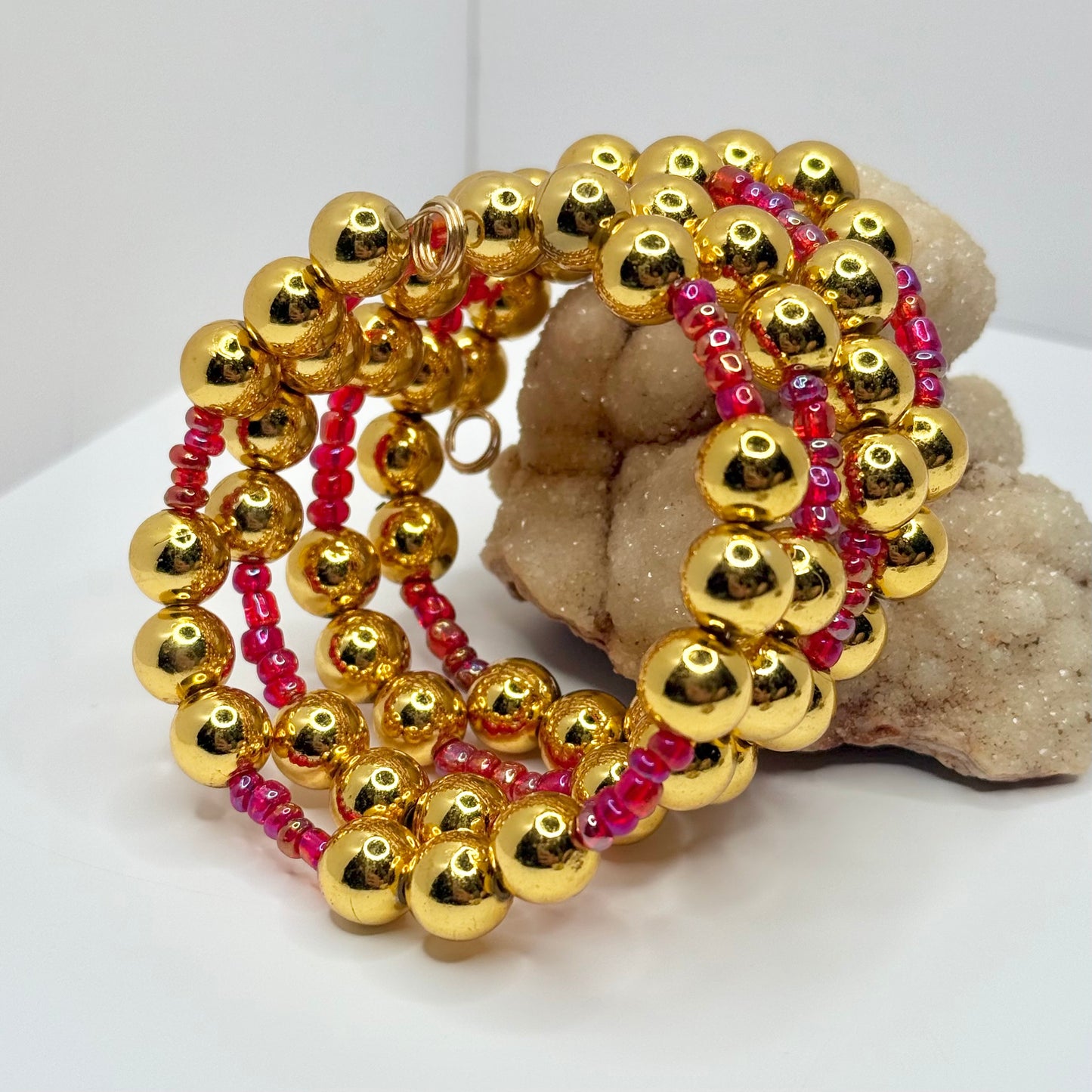 Gold and Red Beaded Wrap Bracelet
