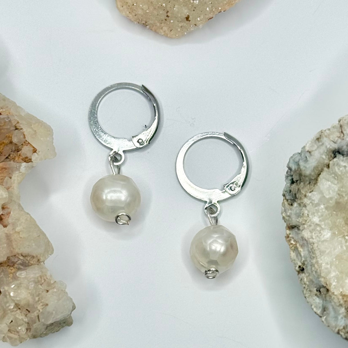 Steel Pearl Huggie Earrings