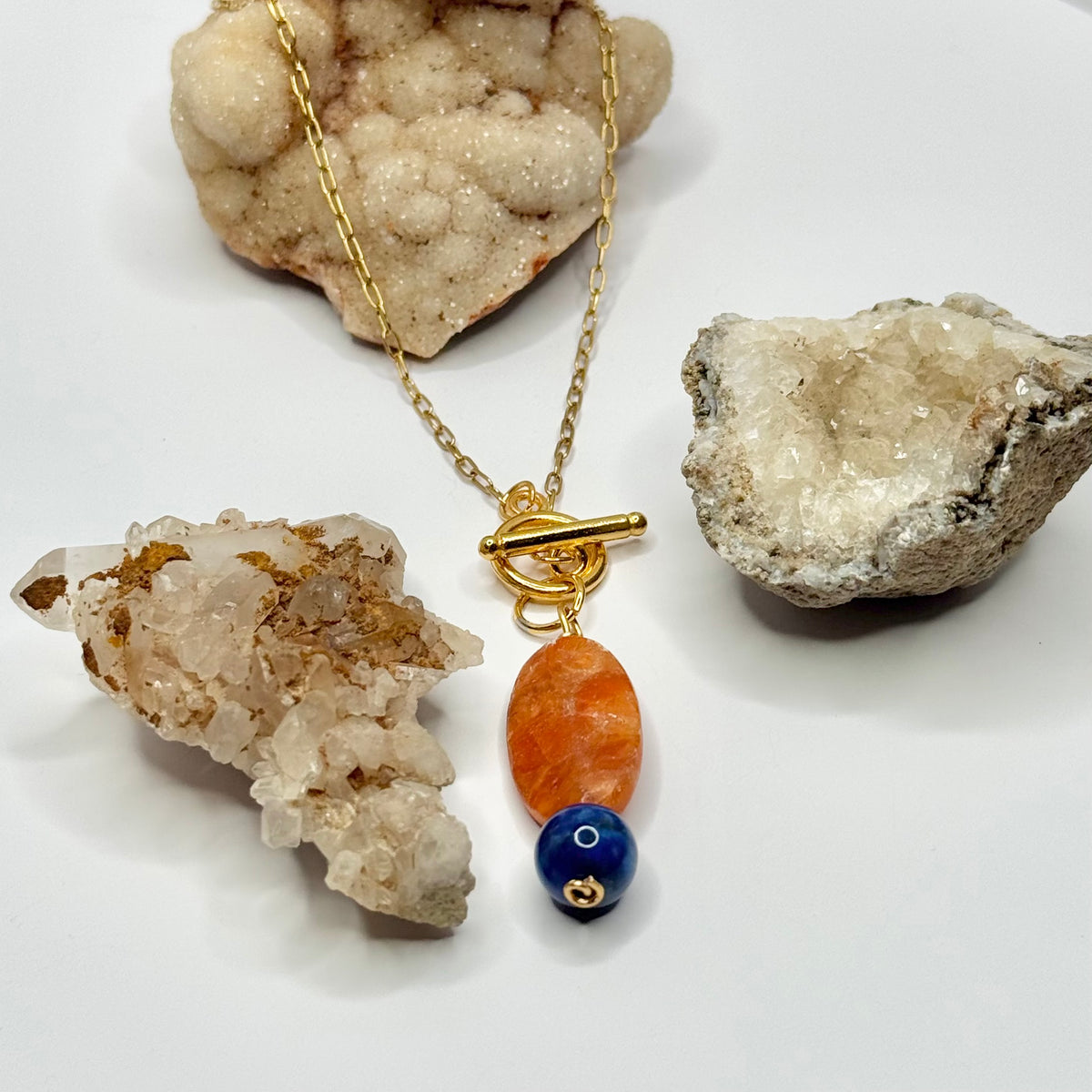 Gold Orange Calcite and Lapis Toggle Necklace