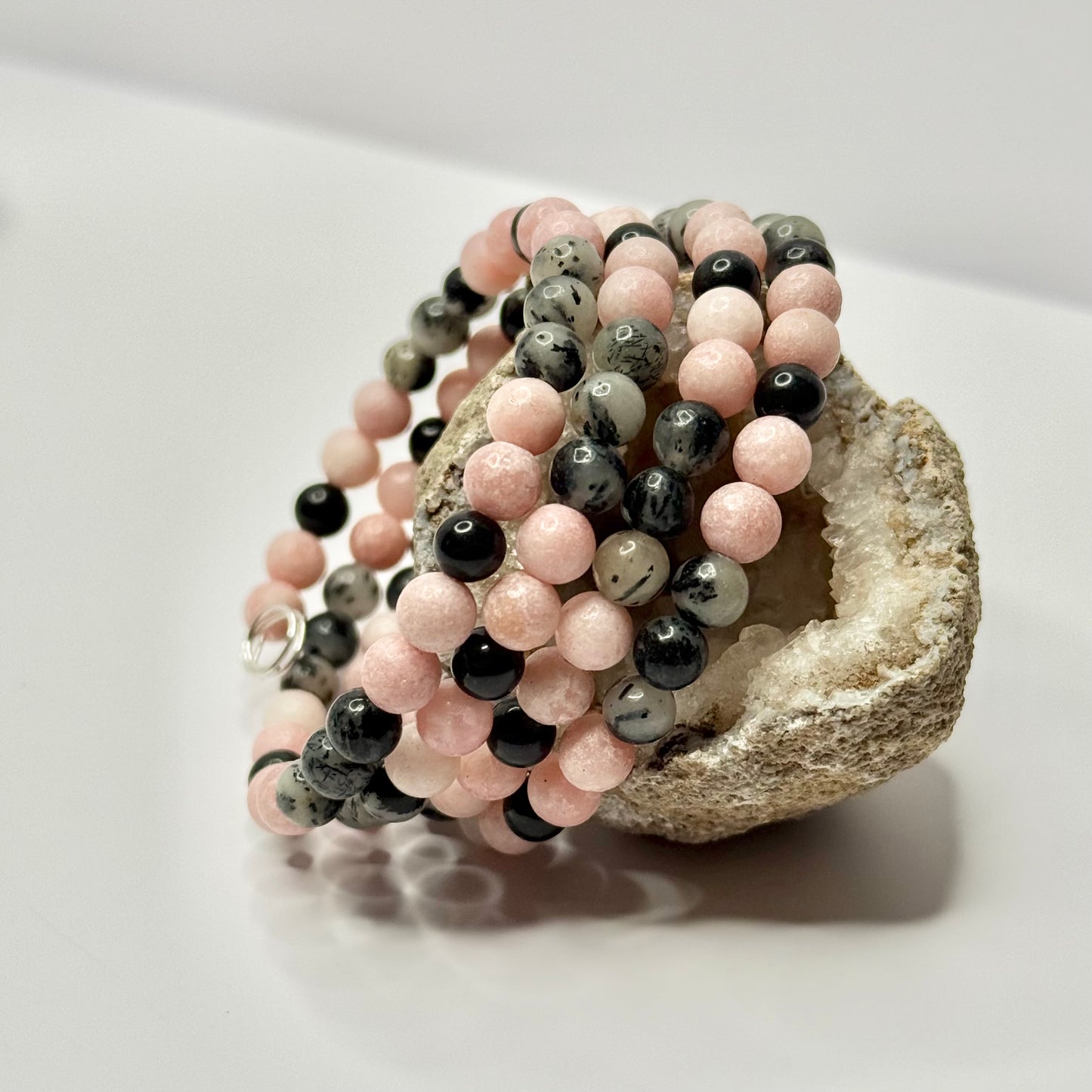 Pink Opal, Dendritic Agate, and Hematite Wrap Bracelet