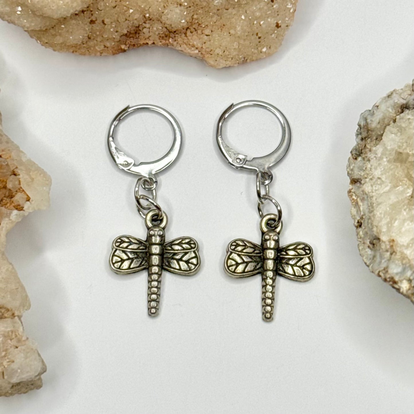 Silver Dragonfly Charm Huggie Earrings