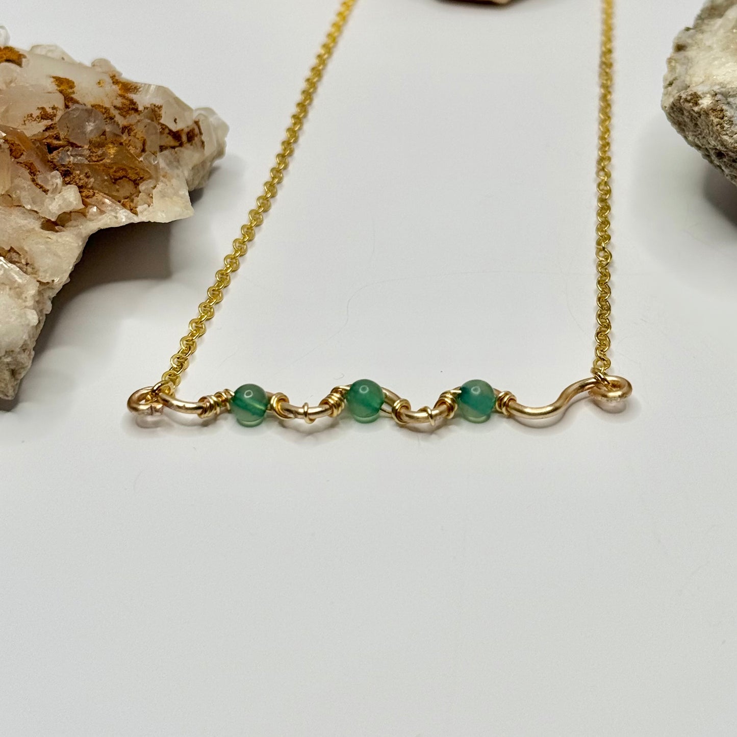 Gold Green Dyed Quartz Wavy Bar Necklace