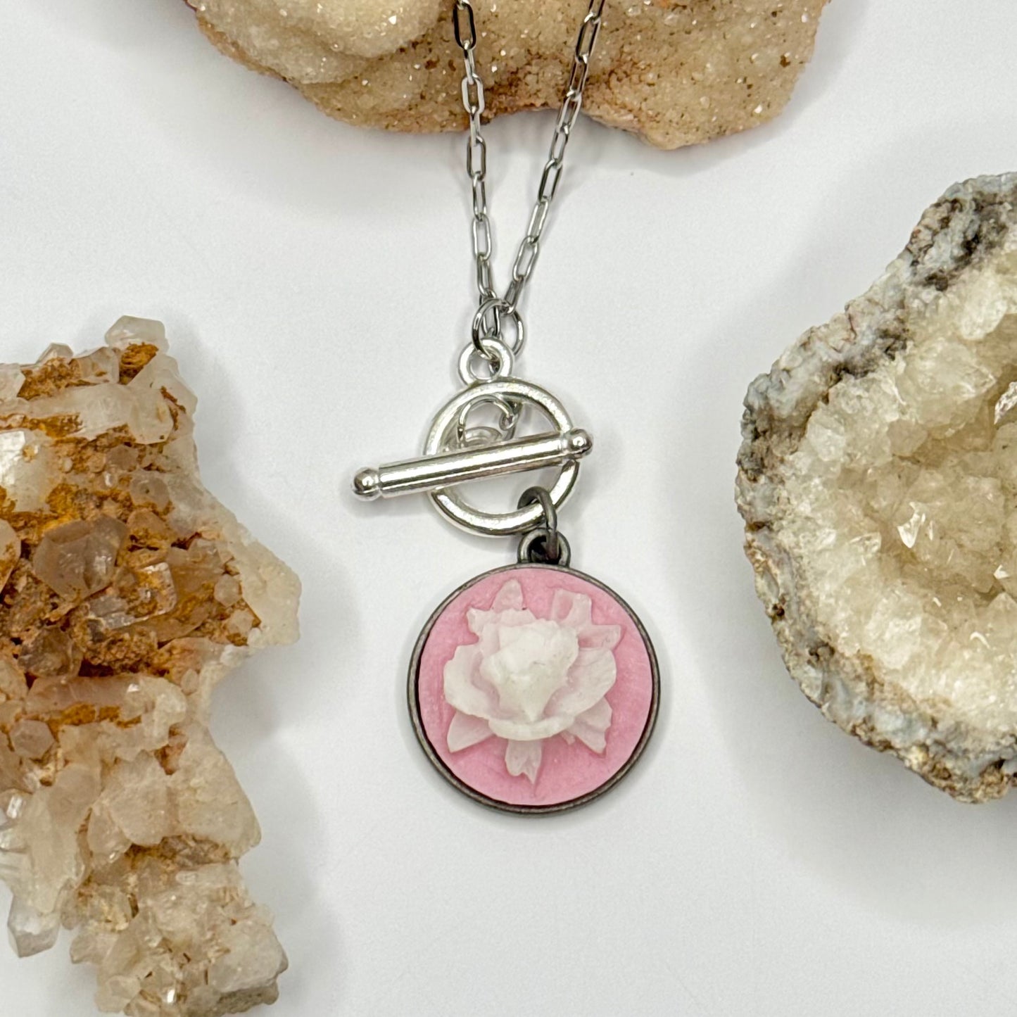 Silver Pink Flower Charm Toggle Necklace