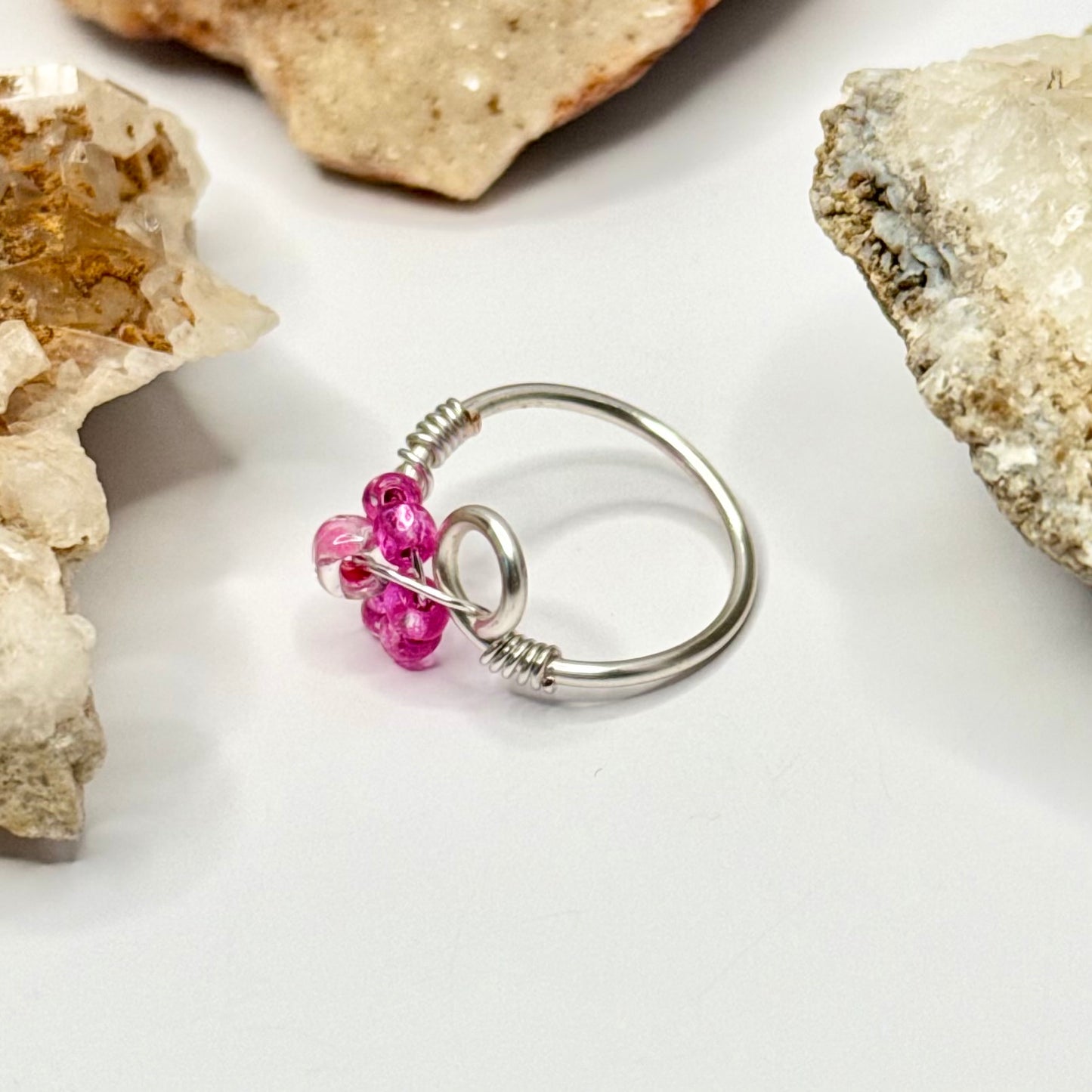 Silver Pink Flower Ring