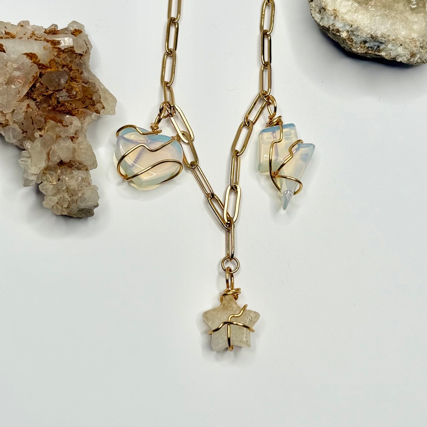 Gold Paperclip Opalite and Citrine Necklace