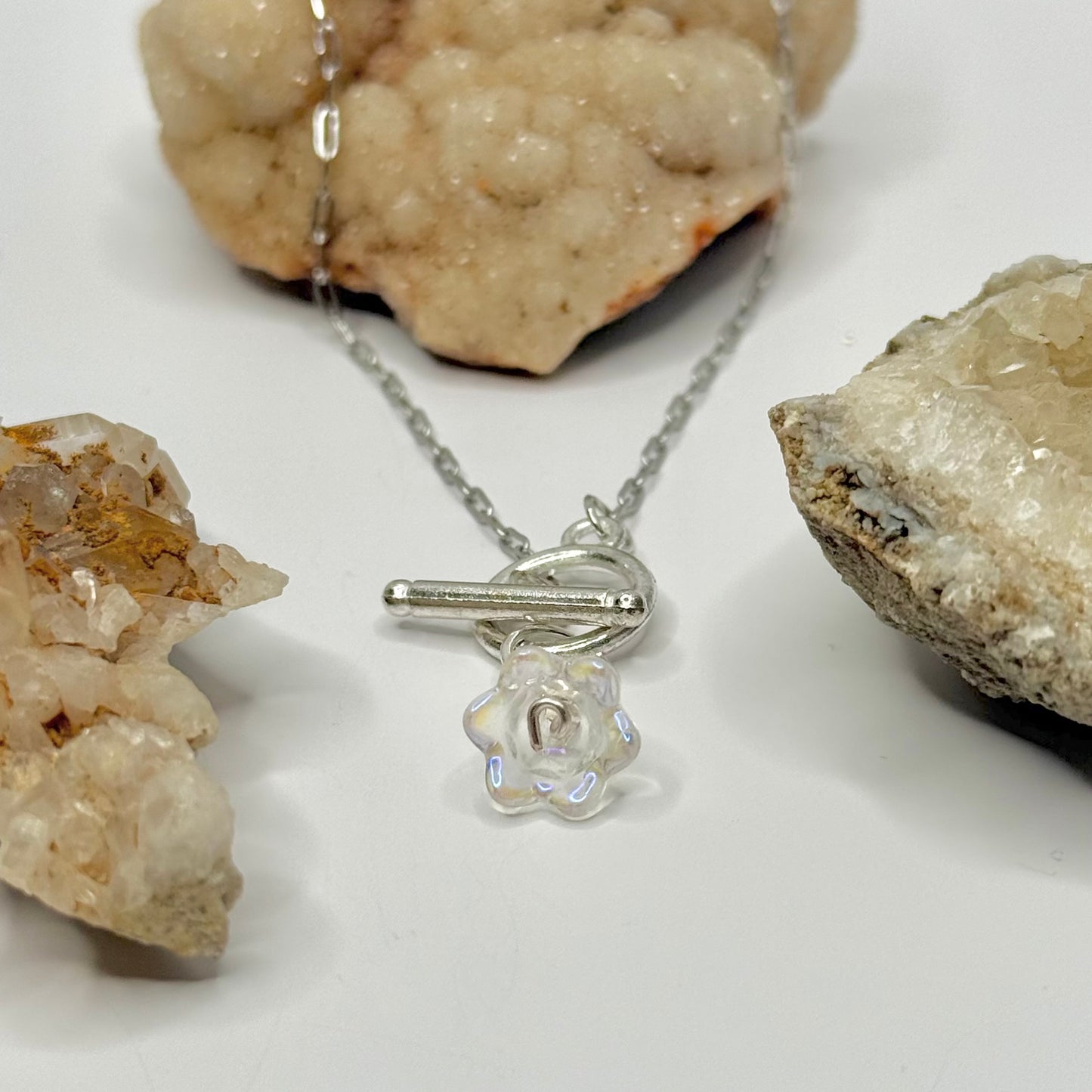 Silver Fluorescent Flower Toggle Necklace