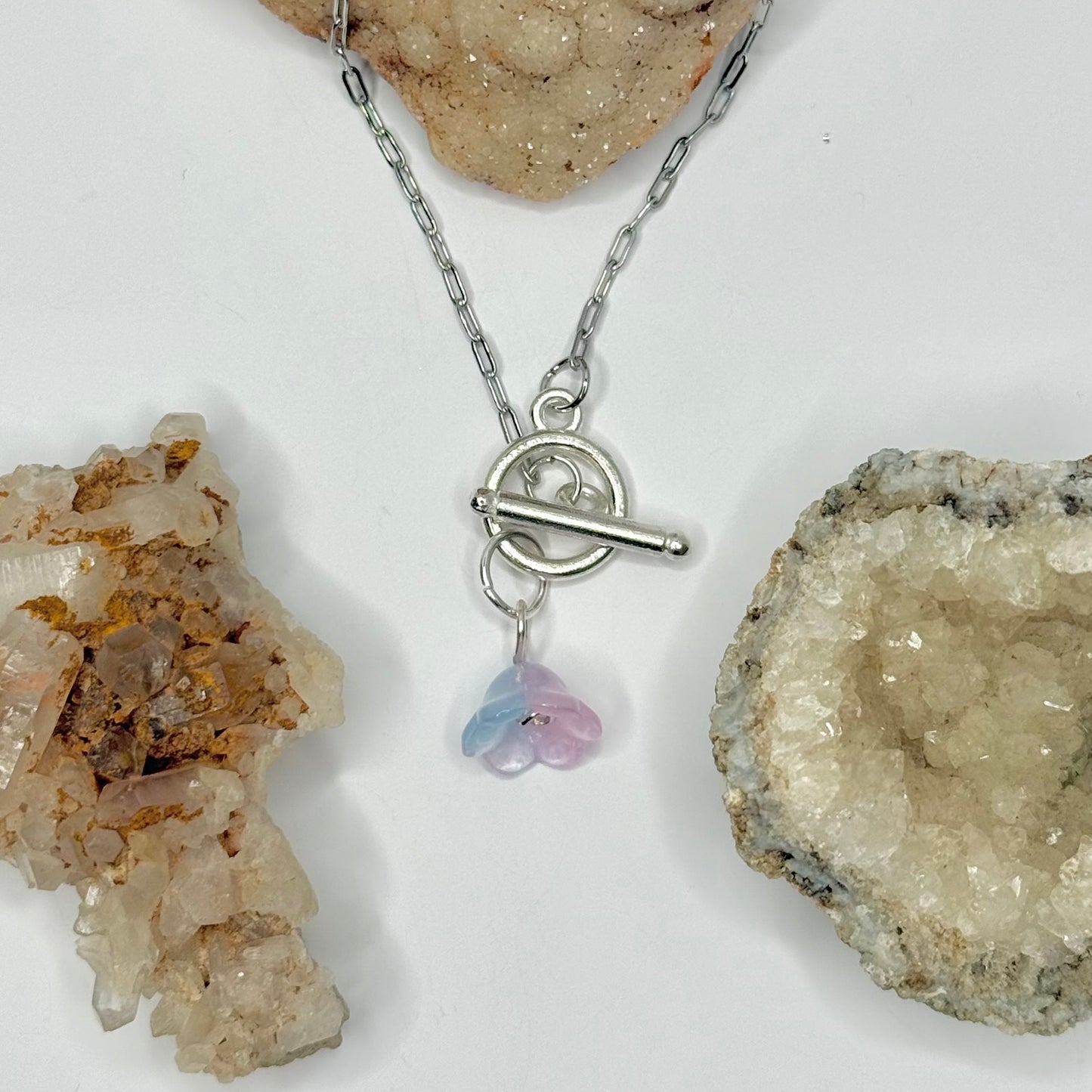 Silver Blue and Pink Flower Toggle Necklace