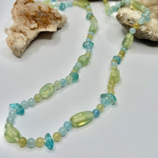 Sterling Silver Calcite, Aquamarine, and Prehnite Beaded Necklace