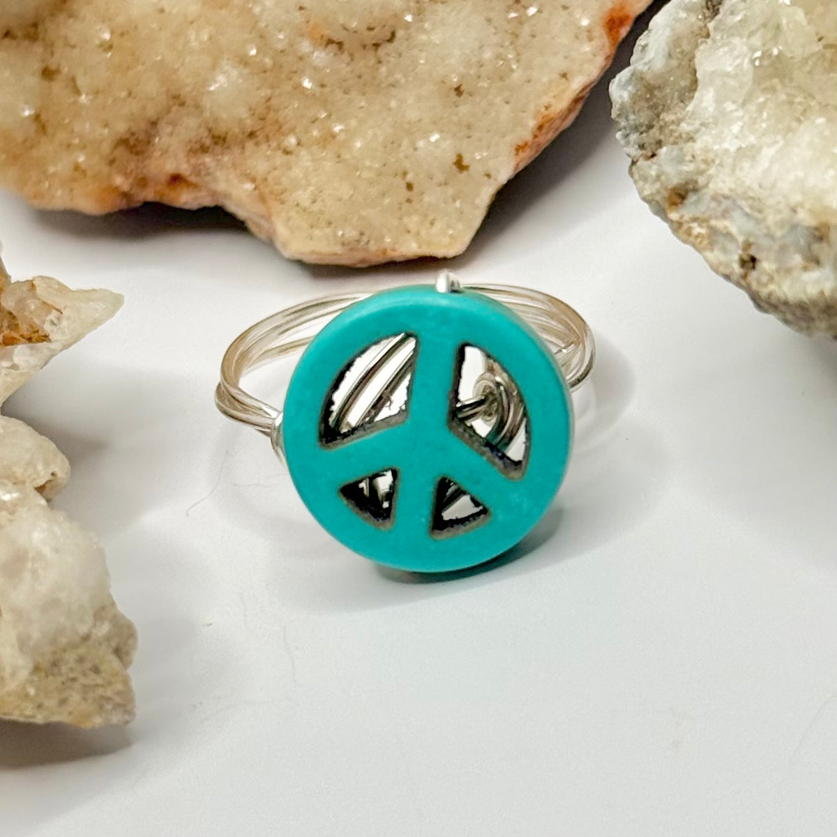 Silver Teal Peace Sign Ring