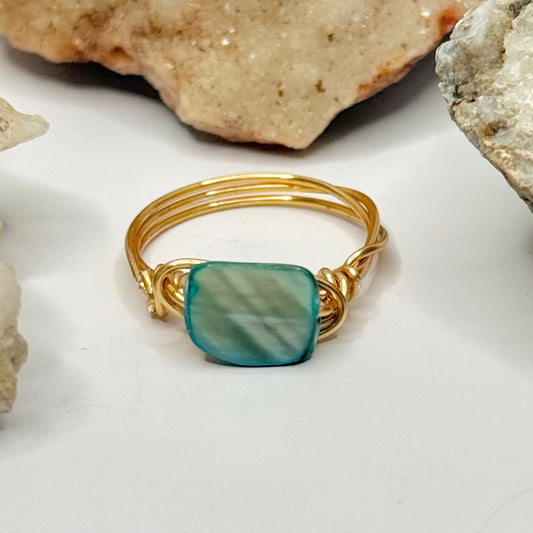 Gold Blue Dyed Shell Ring