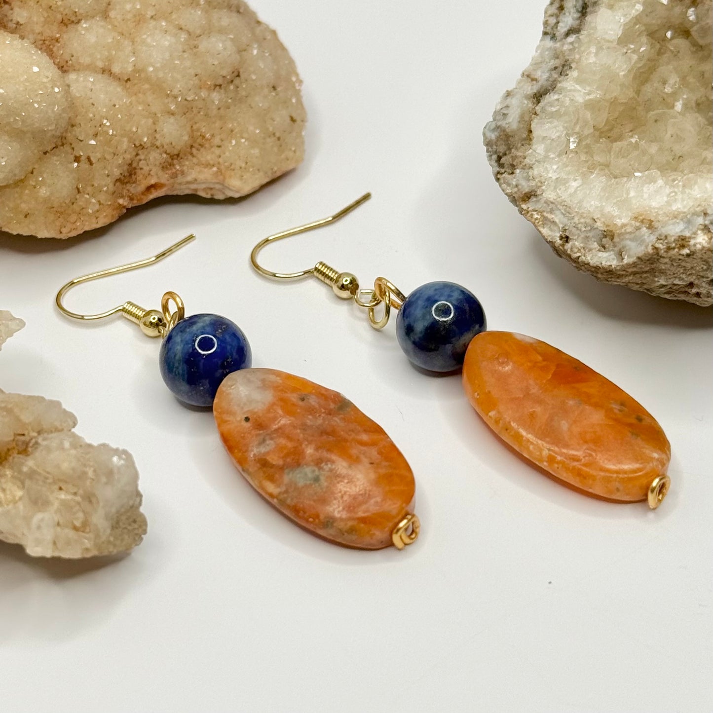 Gold Lapis and Orange Calcite Earrings