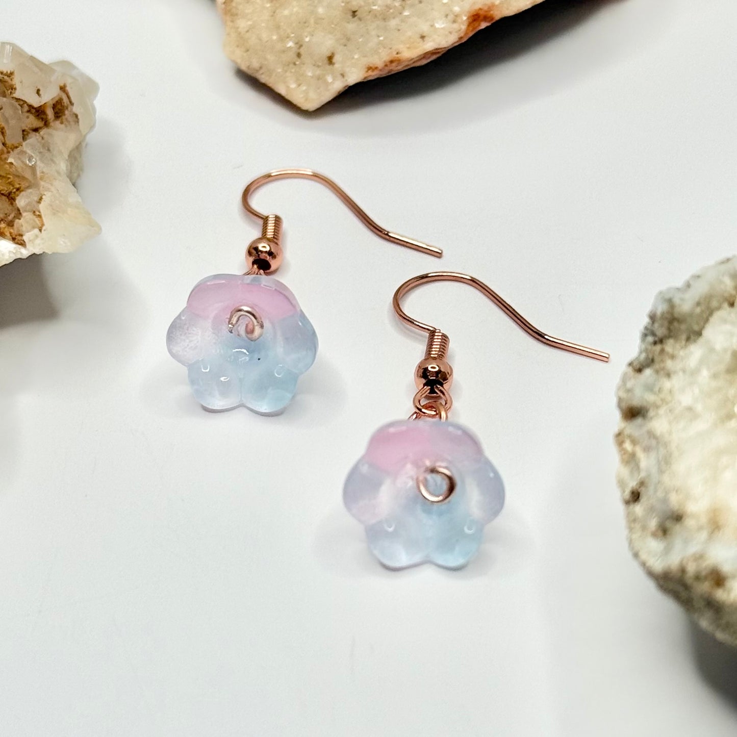Rose Gold Blue and Pink Flower Earrings