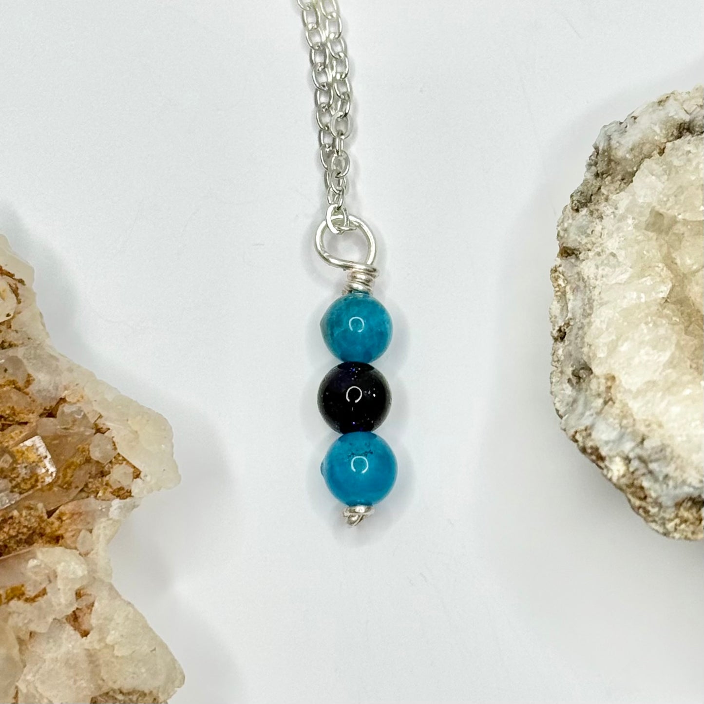 Silver Blue Apatite and Goldstone Necklace