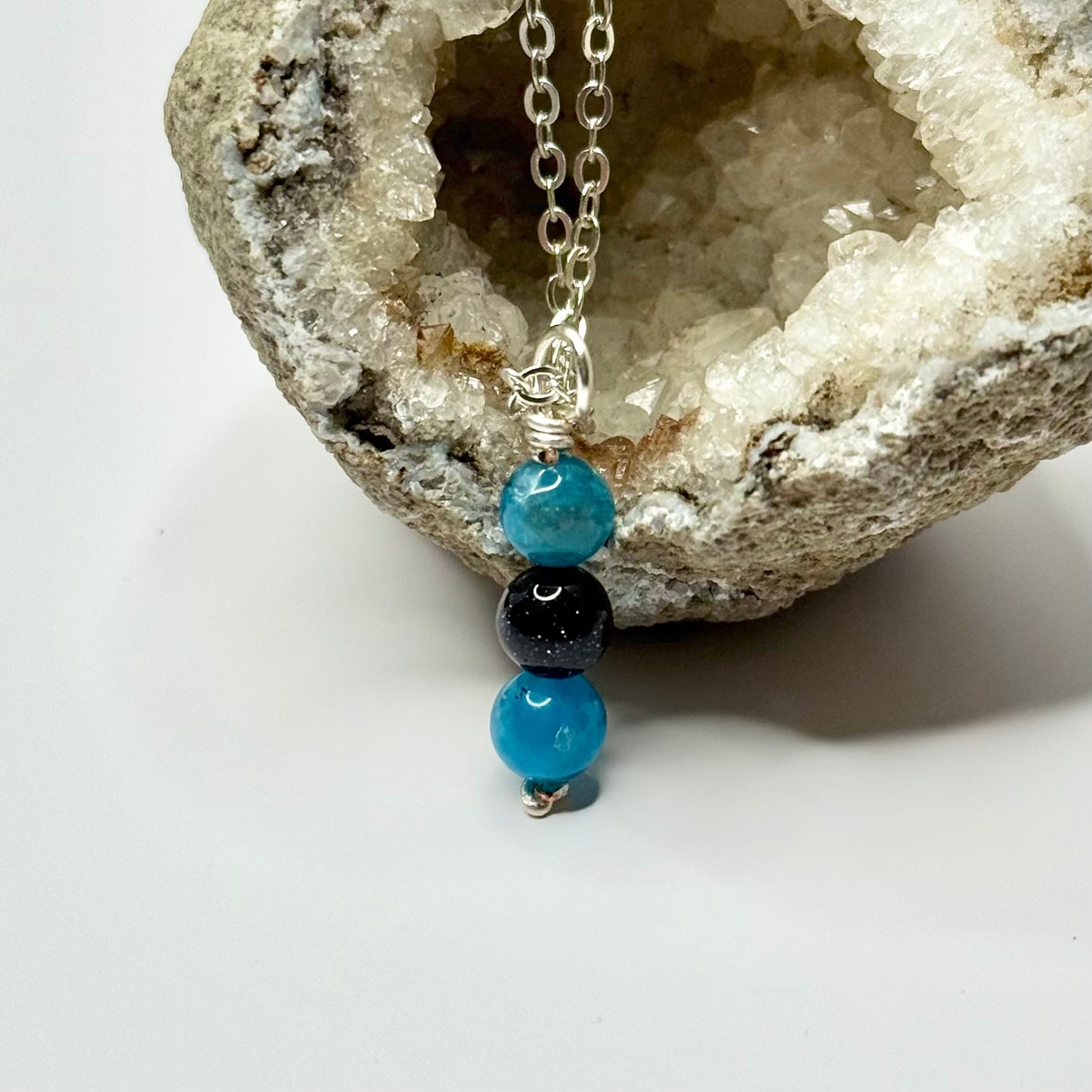 Silver Blue Apatite and Goldstone Necklace