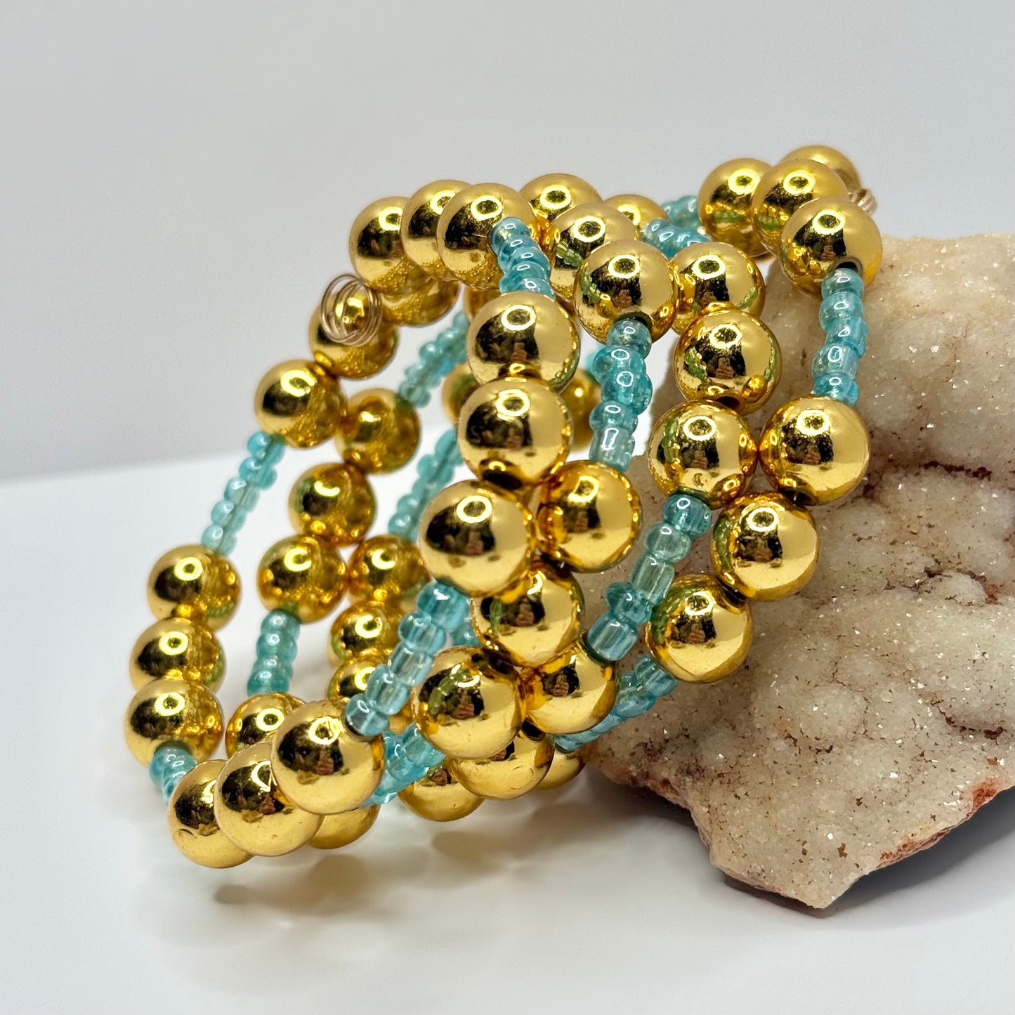 Gold and Blue Beaded Wrap Bracelet