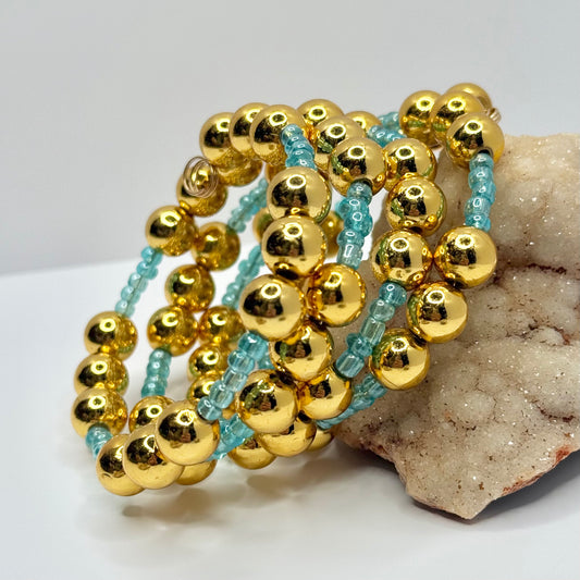 Gold and Blue Beaded Wrap Bracelet