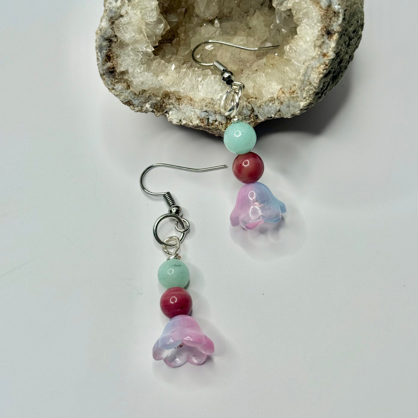Silver Amazonite and Rhodonite Earrings