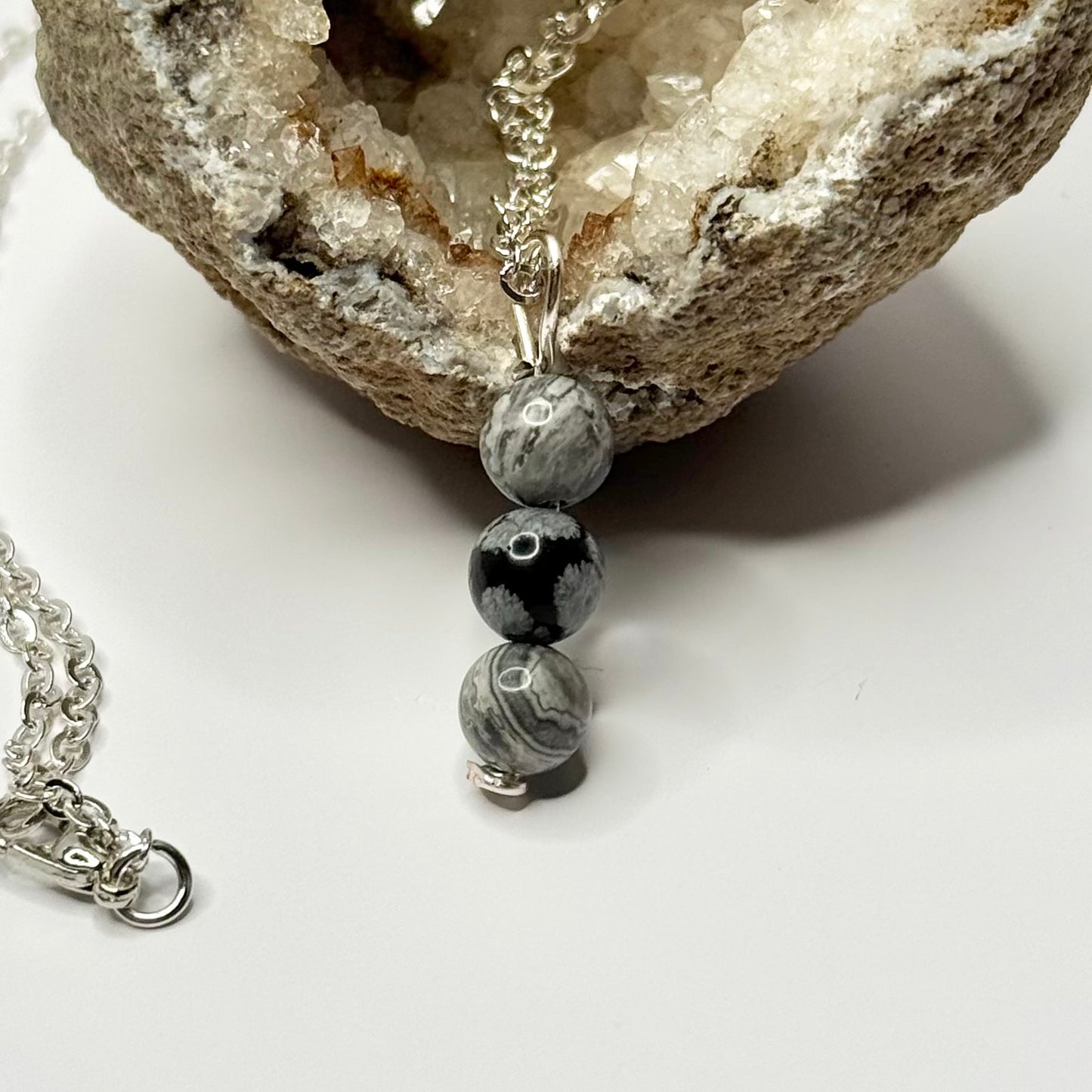Silver Snowflake Obsidian and Crazy Lace Agate Necklace