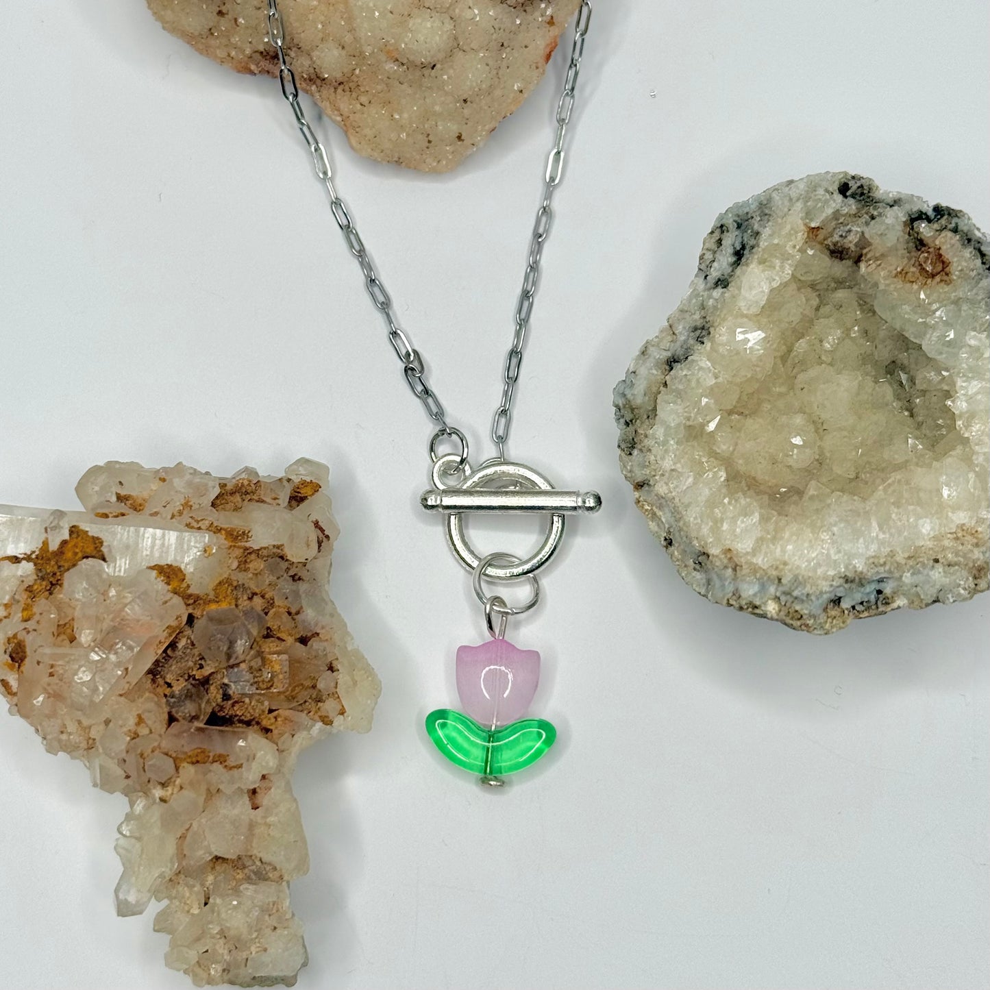 Silver Pink Tulip Necklace