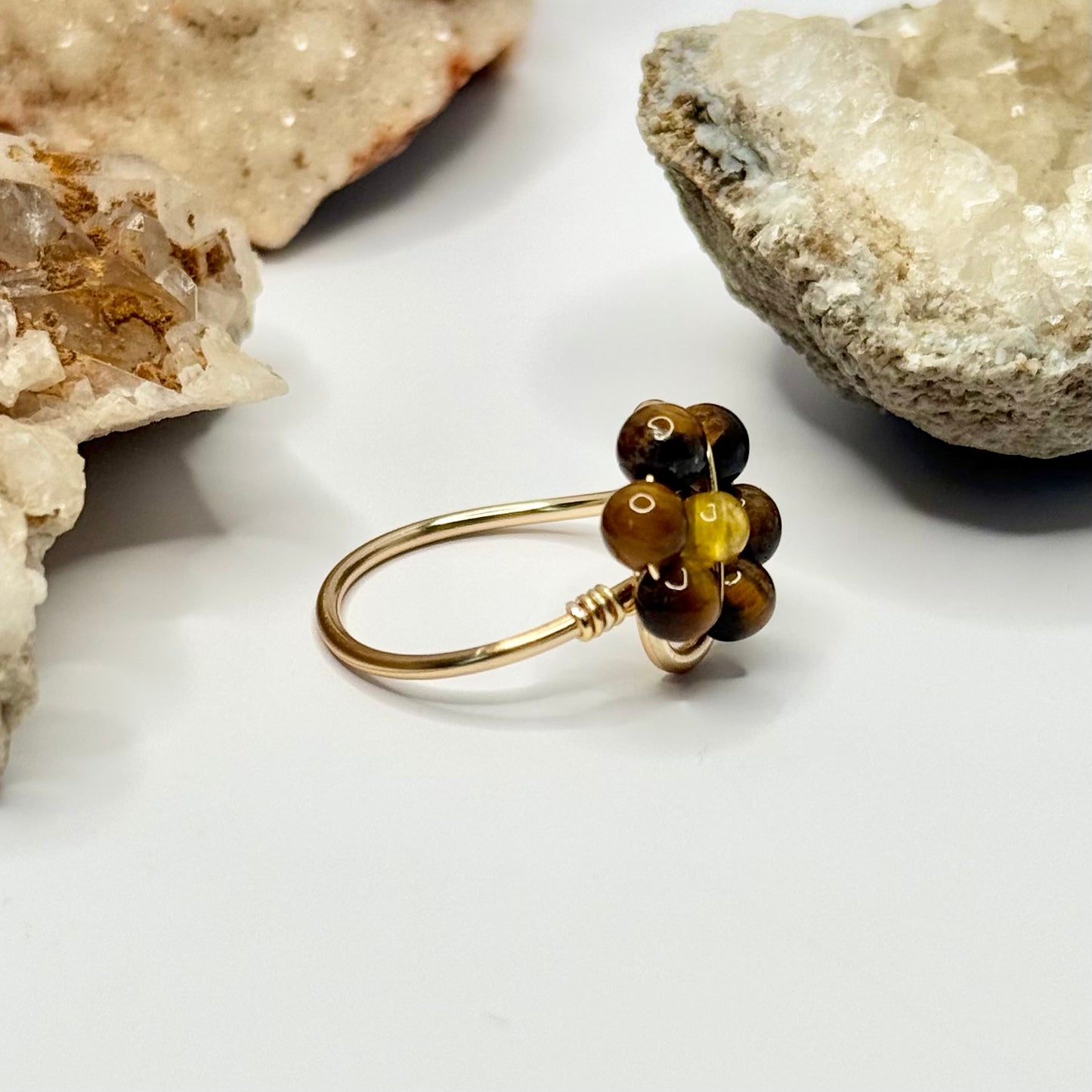 Gold Tigers Eye and Yellow Jade Flower Ring