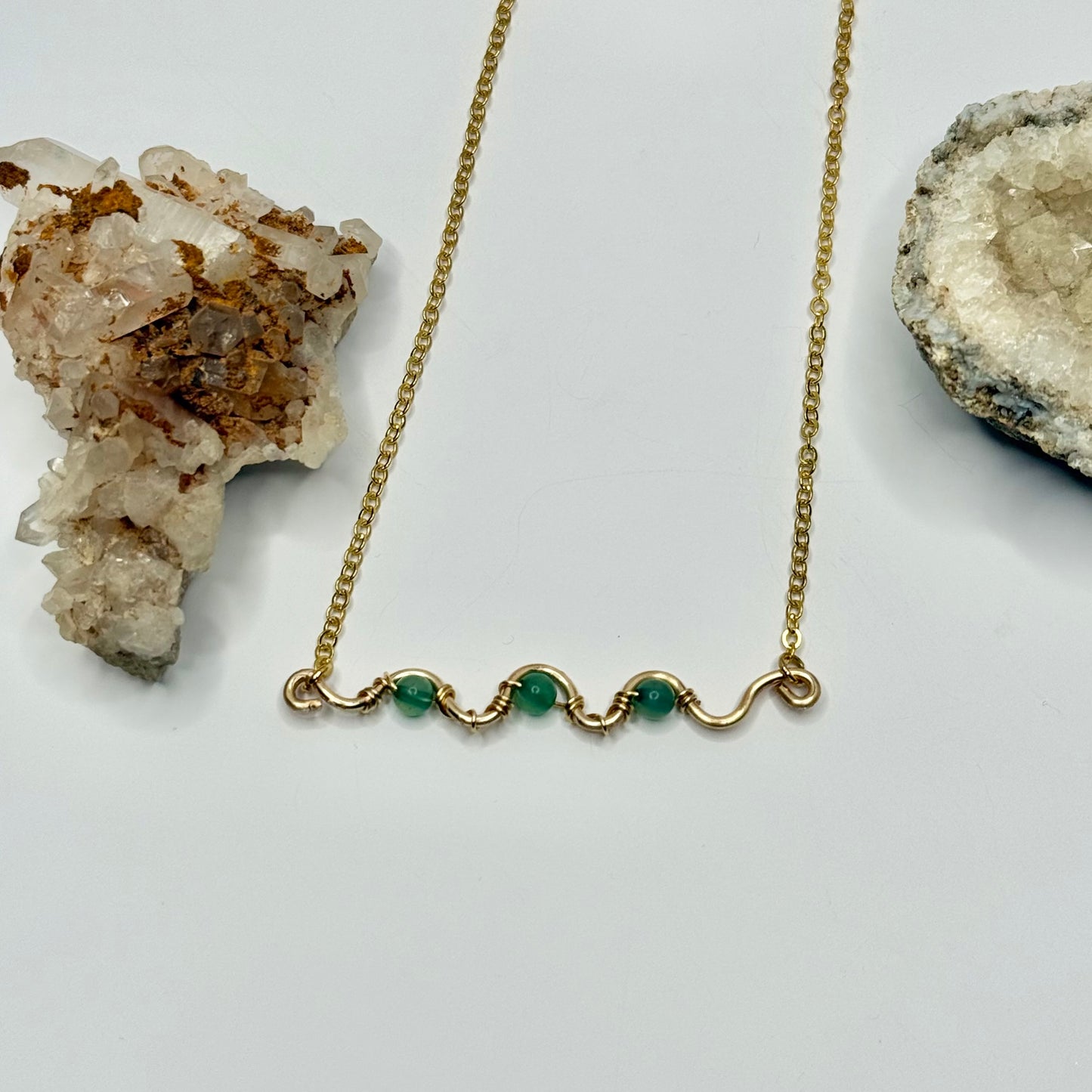 Gold Green Dyed Quartz Wavy Bar Necklace