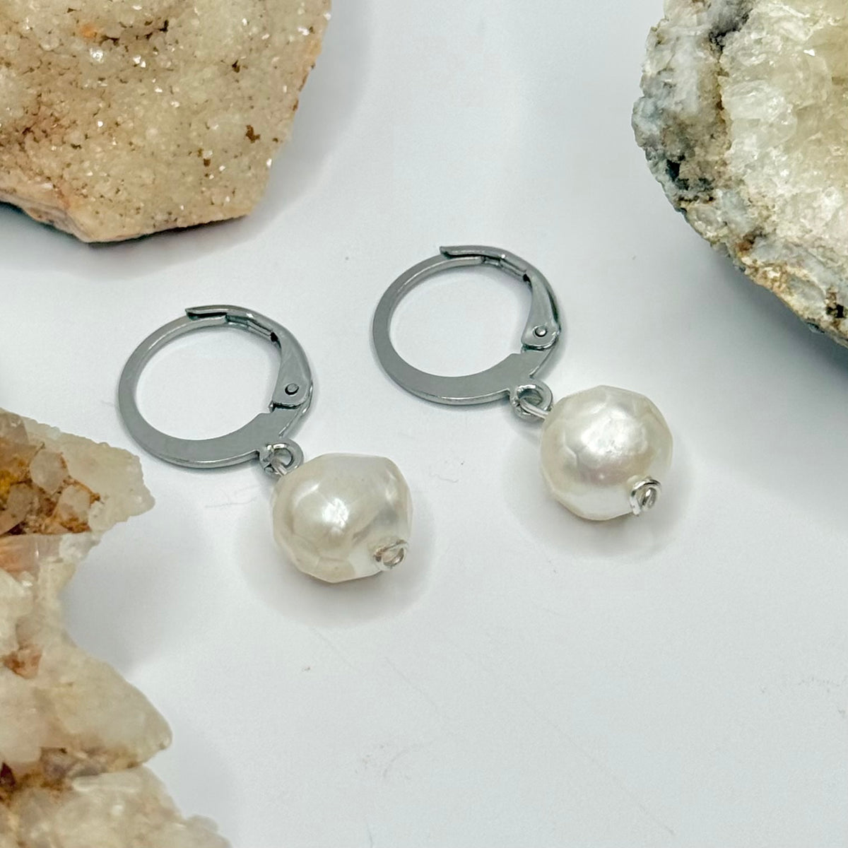 Steel Cultured Pearl Huggie Earrings
