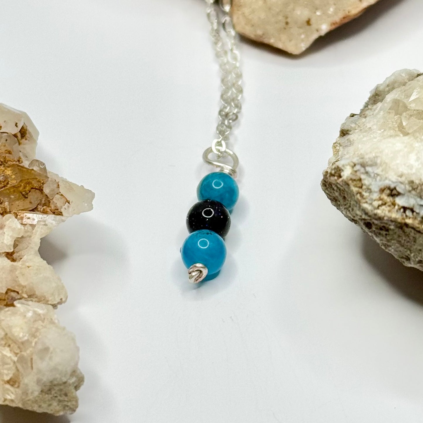 Silver Blue Apatite and Goldstone Necklace