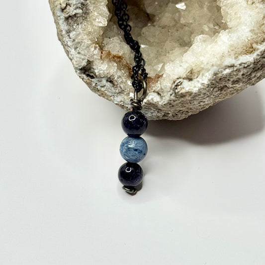 Charcoal Blue Goldstone and Coral Necklace