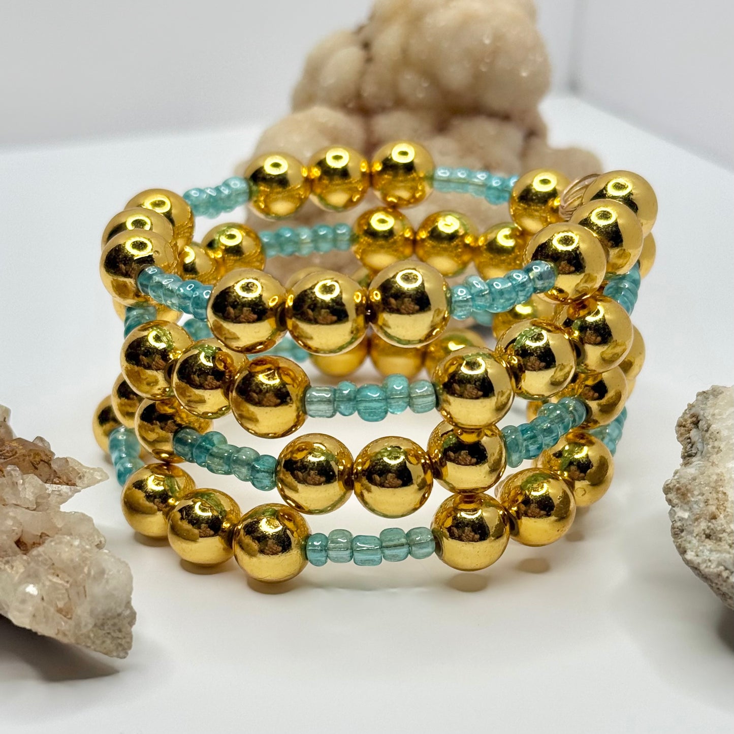 Gold and Blue Beaded Wrap Bracelet