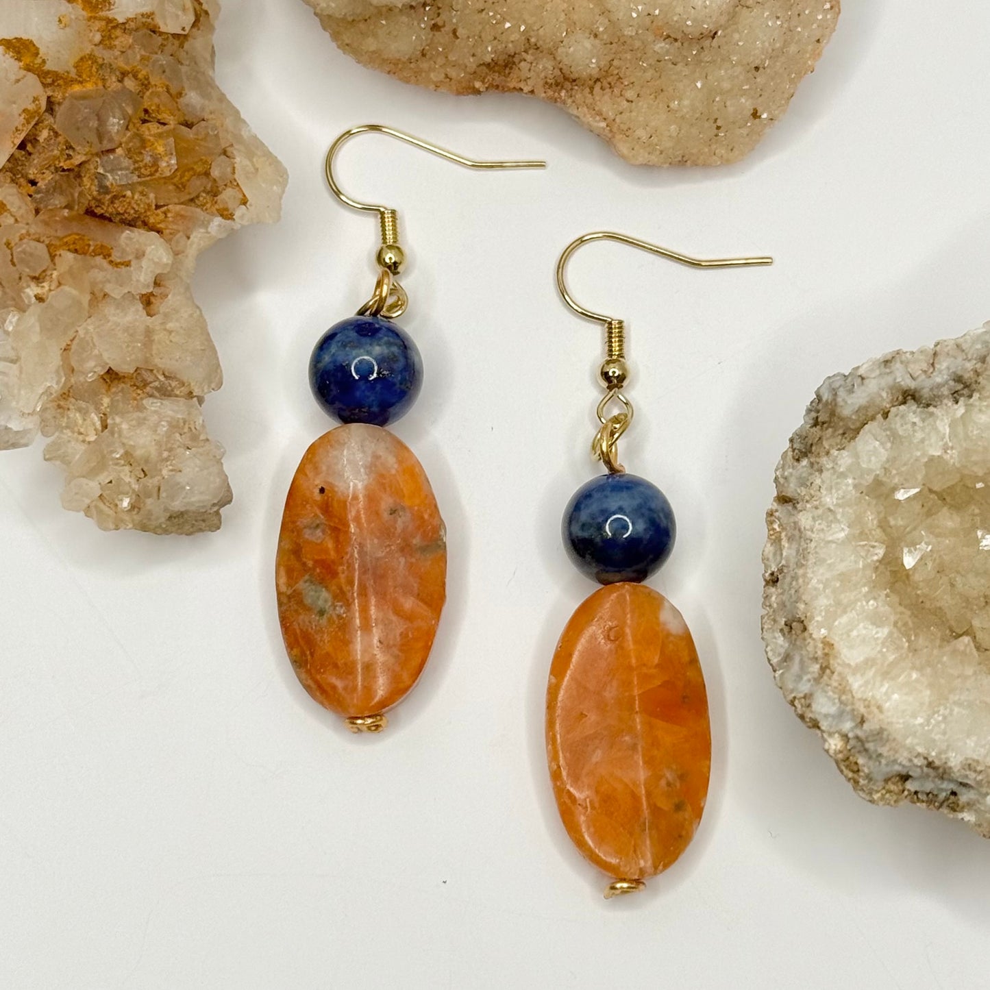 Gold Lapis and Orange Calcite Earrings