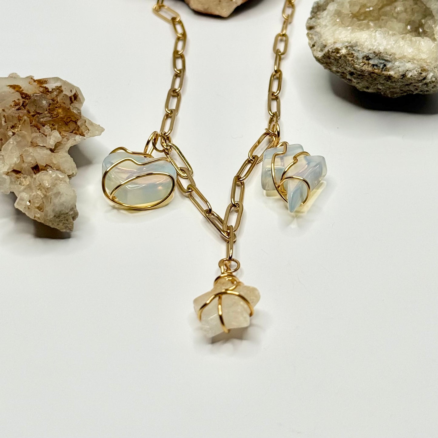 Gold Paperclip Opalite and Citrine Necklace