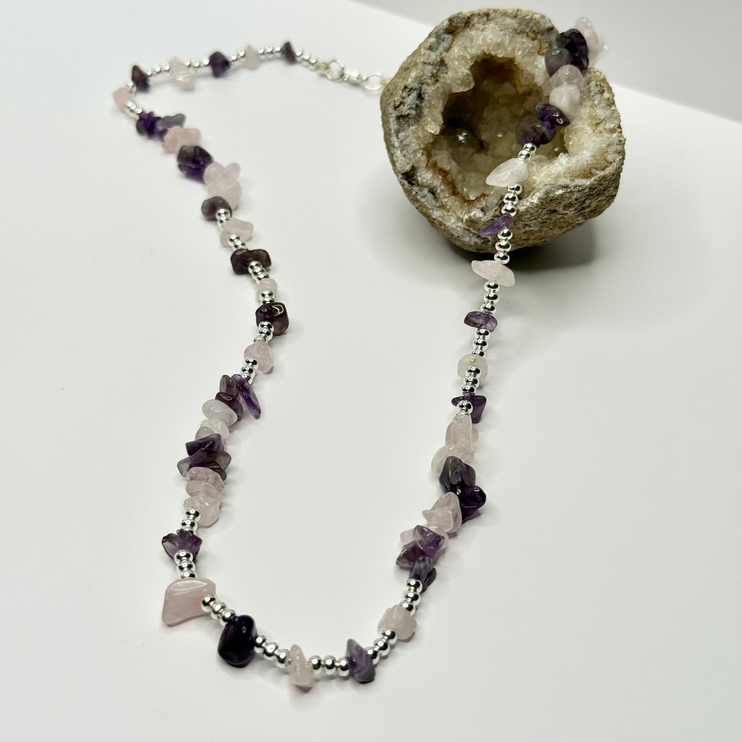 Silver Beaded Amethyst and Rose Quartz Necklace