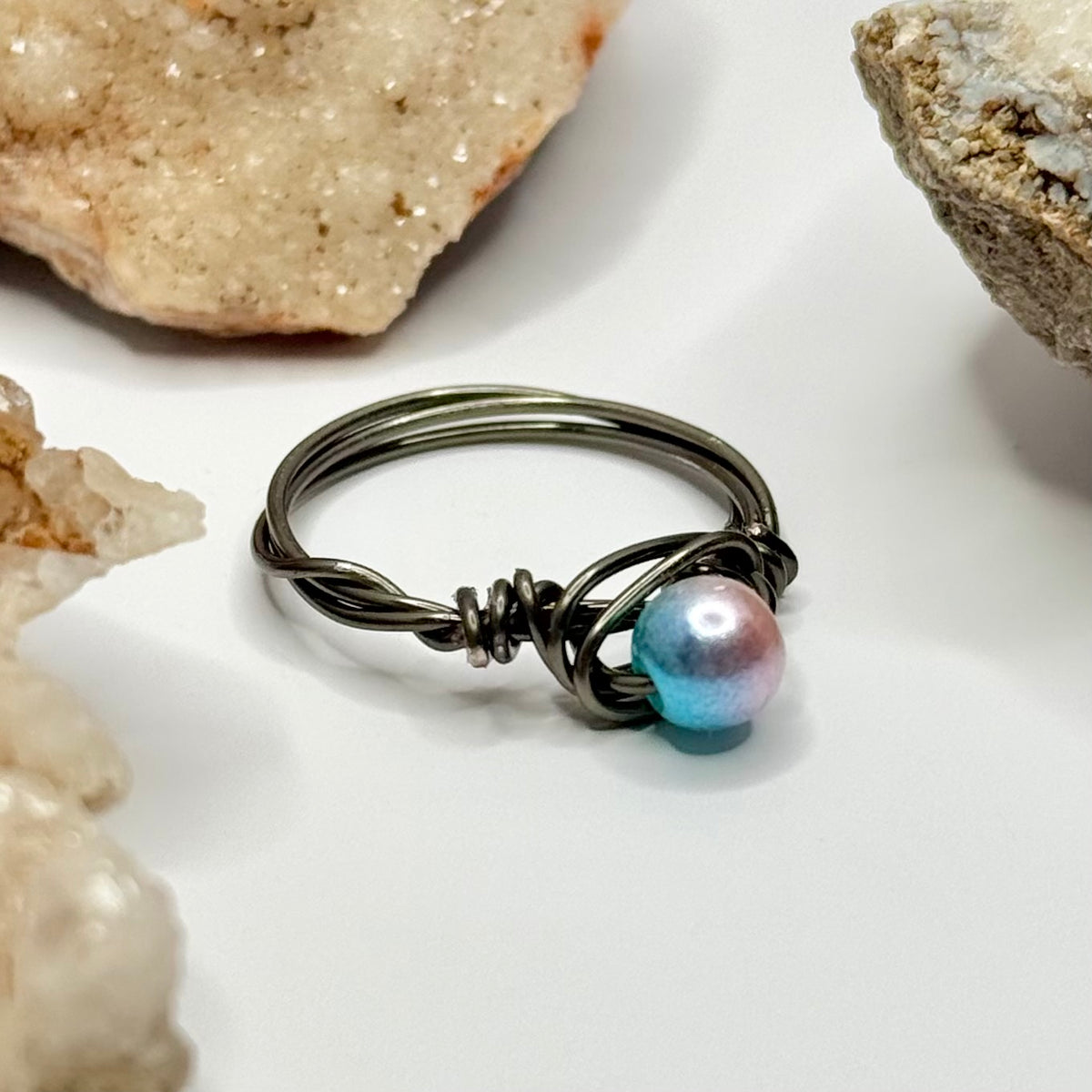 Charcoal Pink-Blue Beaded Ring