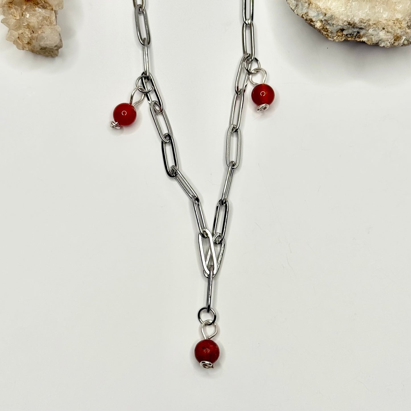 Silver Paperclip Carnelian and Red Jasper Necklace