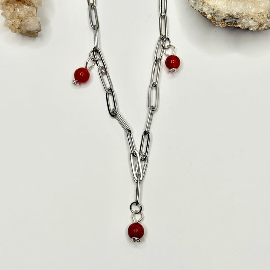 Silver Paperclip Carnelian and Red Jasper Necklace