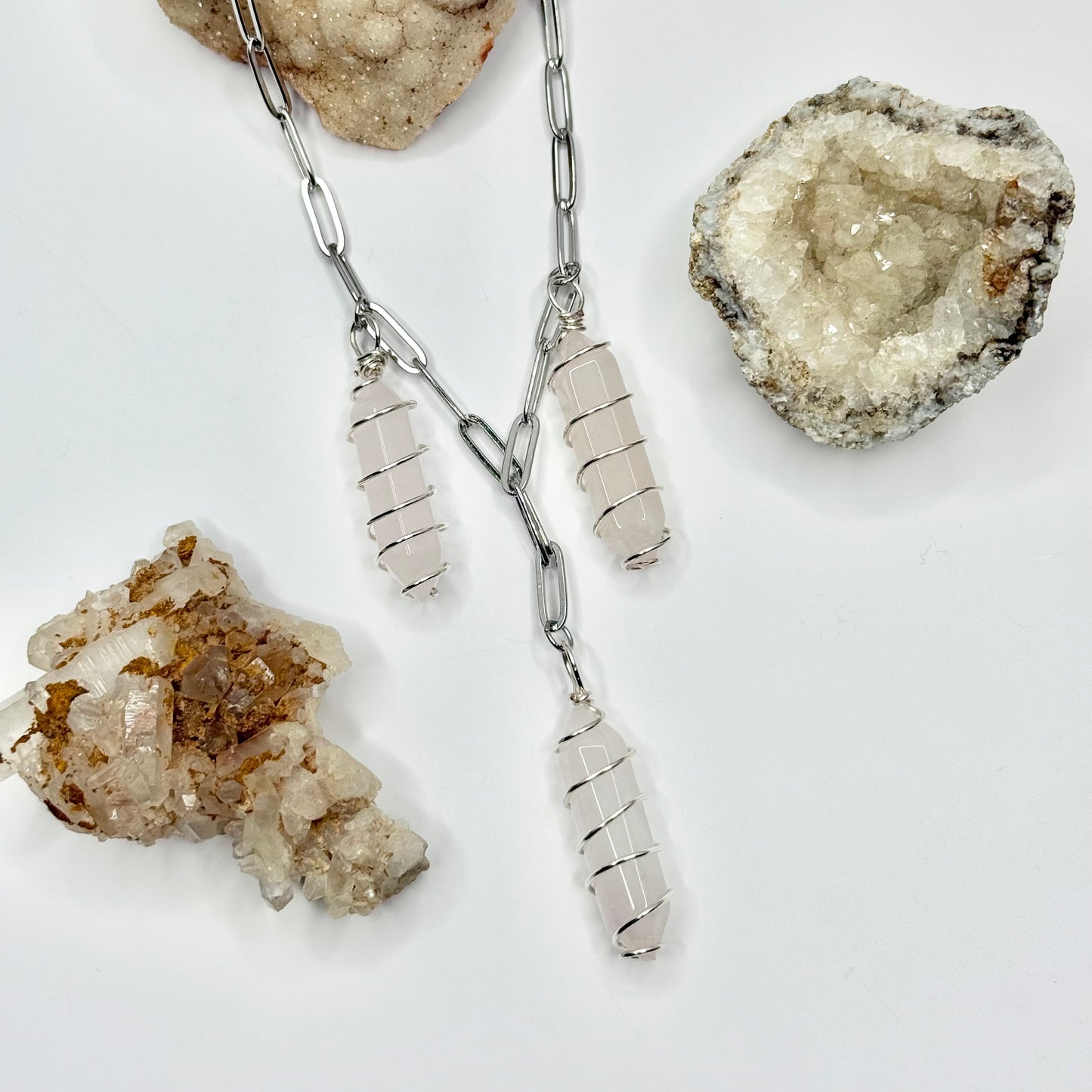 Silver Rose Quartz Crystal Paperclip Necklace