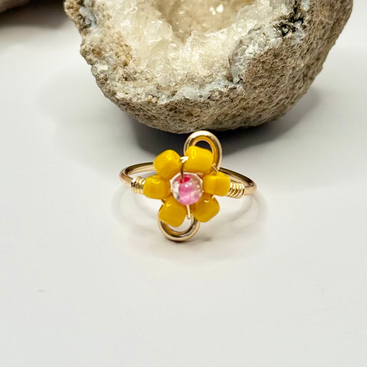 Gold Pink and Yellow Flower Ring