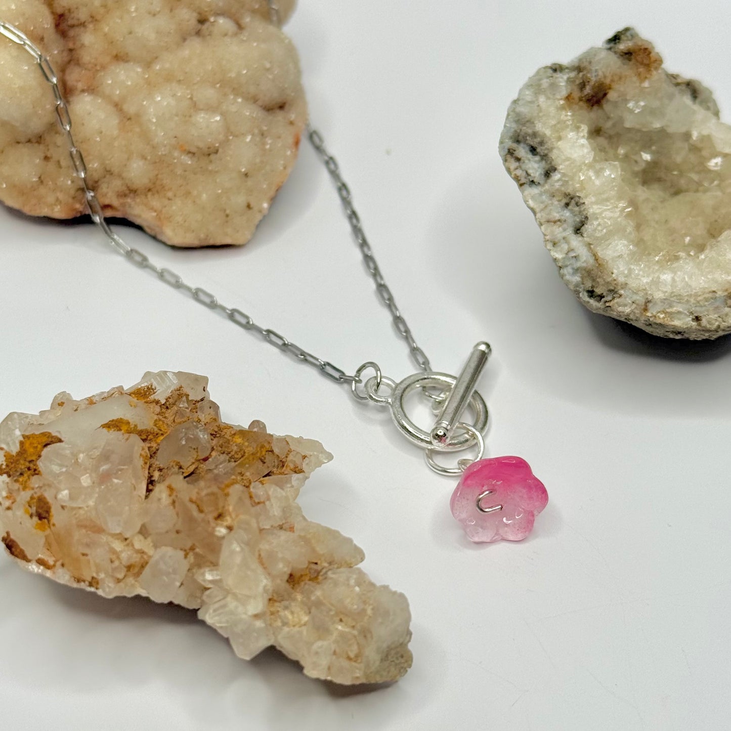 Silver Pink Flower Toggle Necklace