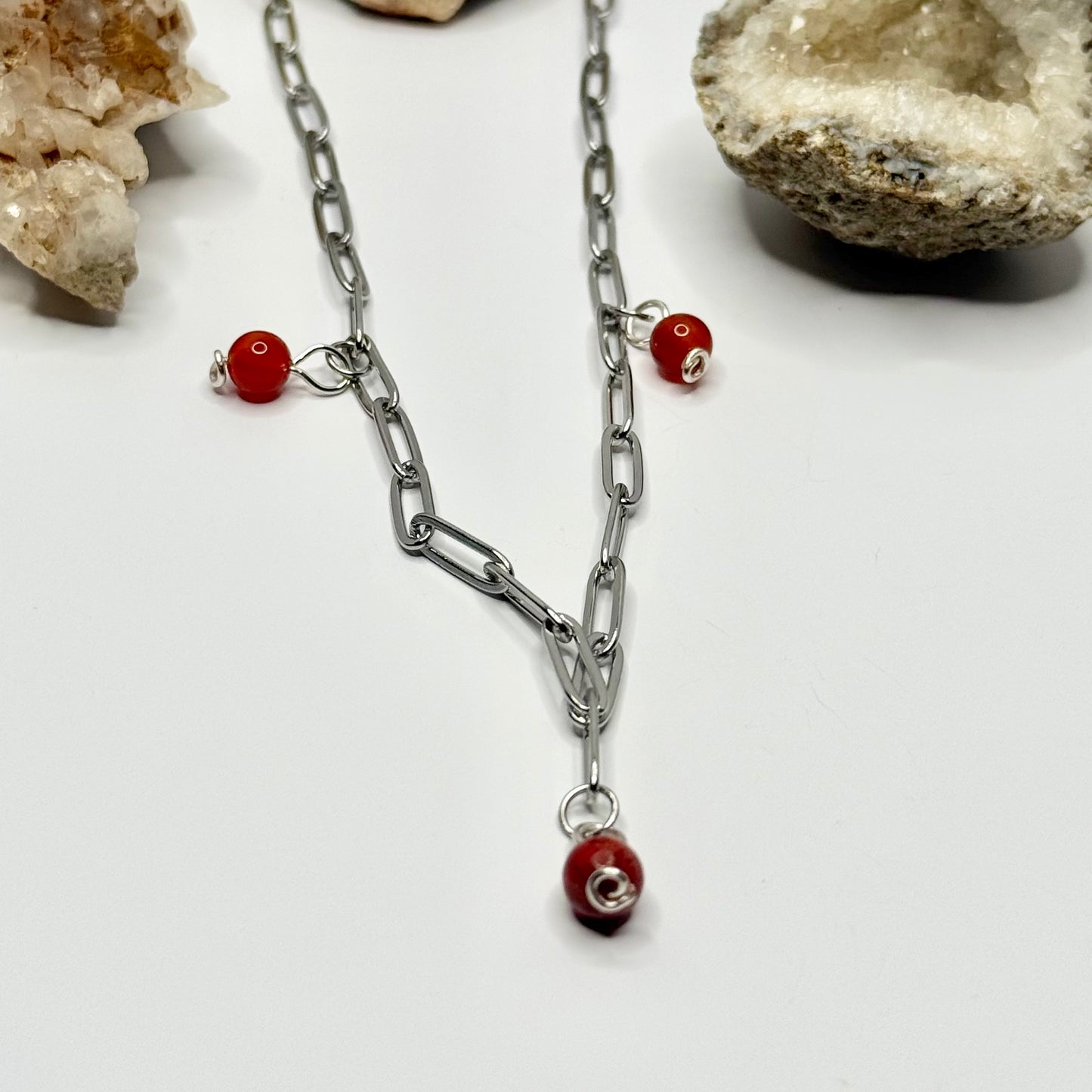 Silver Paperclip Carnelian and Red Jasper Necklace
